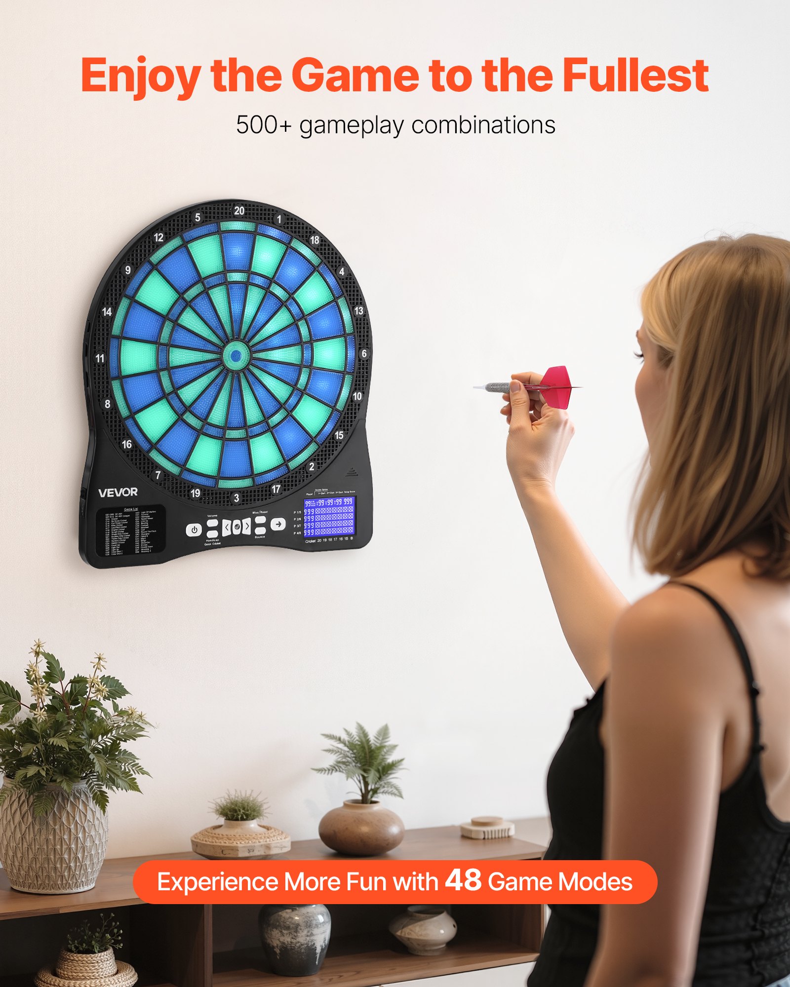 VEVOR Diana Electrónica 342,9 mm, con Iluminación LED, 48 Juegos, 500 Variantes, Incluye 6 Ejes de Dardos con Plumas y 50 Puntas de Repuesto, Pantalla LCD con Marcador de Críquet, a 8 Jugadores