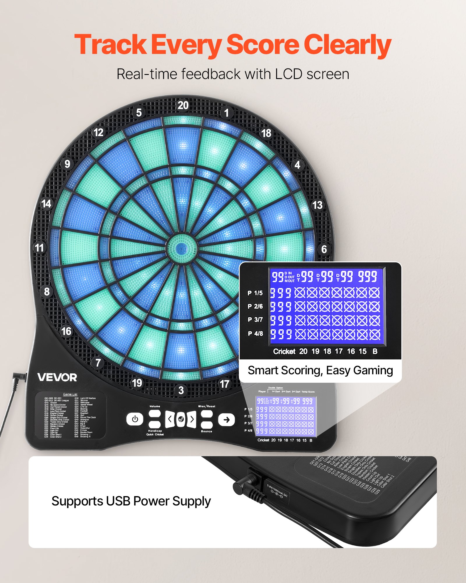 VEVOR Diana Electrónica 342,9 mm, con Iluminación LED, 48 Juegos, 500 Variantes, Incluye 6 Ejes de Dardos con Plumas y 50 Puntas de Repuesto, Pantalla LCD con Marcador de Críquet, a 8 Jugadores