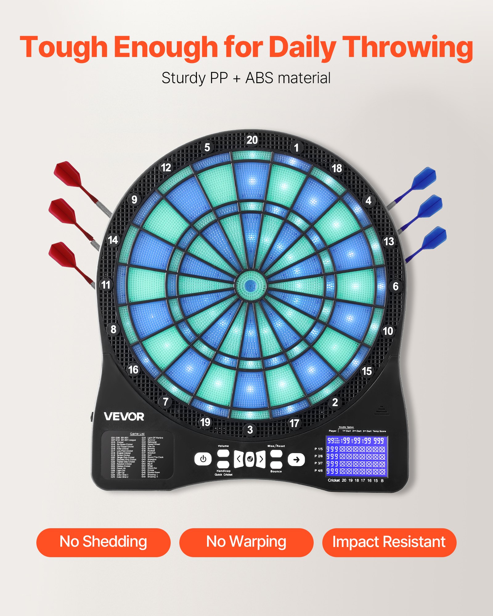 VEVOR Diana Electrónica 342,9 mm, con Iluminación LED, 48 Juegos, 500 Variantes, Incluye 6 Ejes de Dardos con Plumas y 50 Puntas de Repuesto, Pantalla LCD con Marcador de Críquet, a 8 Jugadores