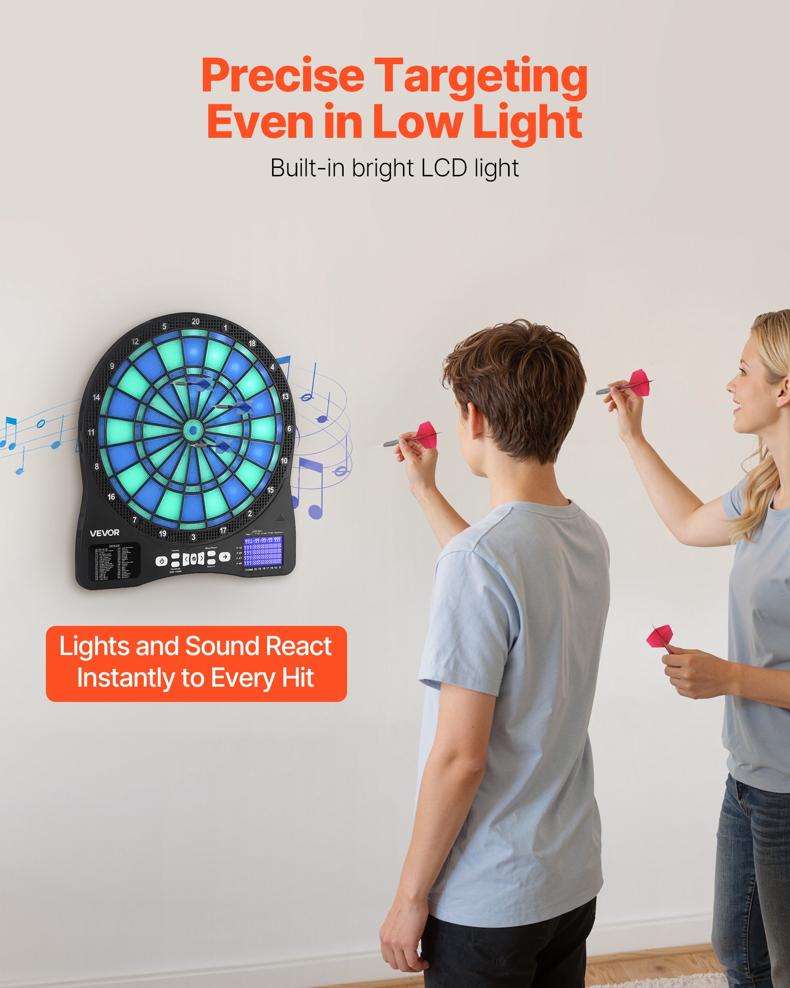 VEVOR Diana Electrónica 342,9 mm, con Iluminación LED, 48 Juegos, 500 Variantes, Incluye 6 Ejes de Dardos con Plumas y 50 Puntas de Repuesto, Pantalla LCD con Marcador de Críquet, a 8 Jugadores