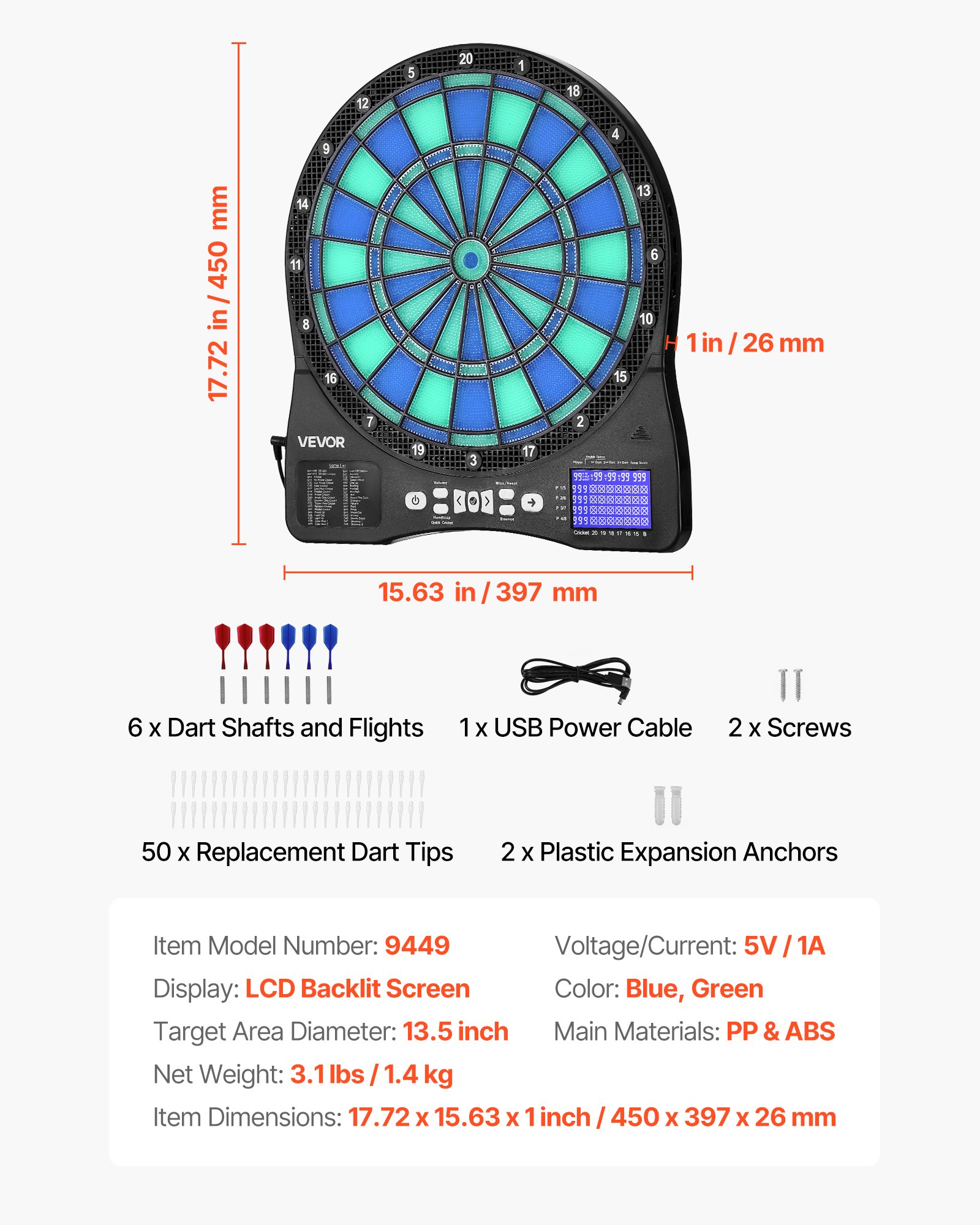 VEVOR Diana Electrónica 342,9 mm, con Iluminación LED, 48 Juegos, 500 Variantes, Incluye 6 Ejes de Dardos con Plumas y 50 Puntas de Repuesto, Pantalla LCD con Marcador de Críquet, a 8 Jugadores