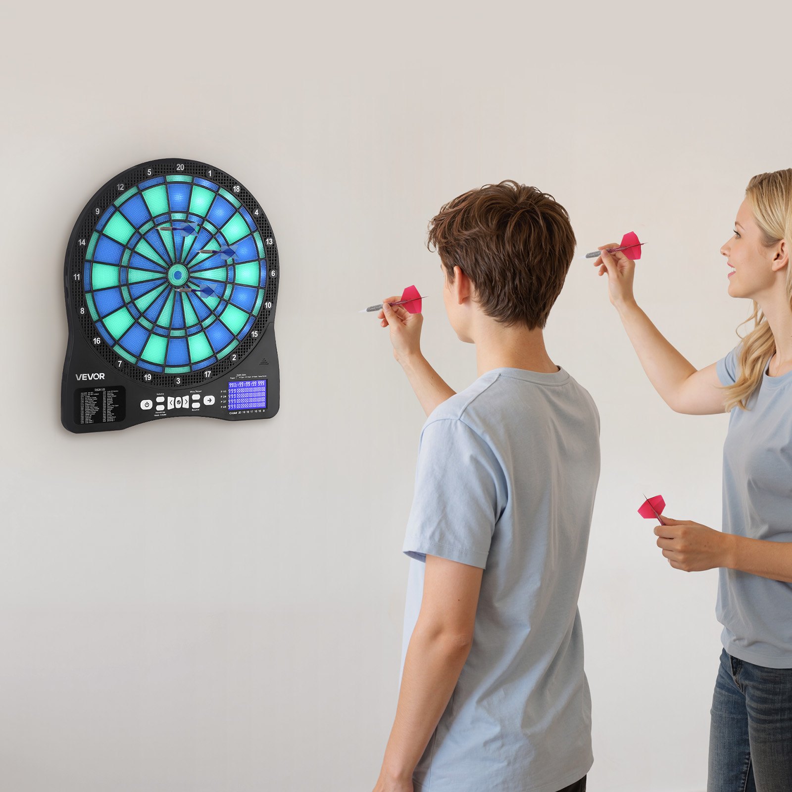 VEVOR Diana Electrónica 342,9 mm, con Iluminación LED, 48 Juegos, 500 Variantes, Incluye 6 Ejes de Dardos con Plumas y 50 Puntas de Repuesto, Pantalla LCD con Marcador de Críquet, a 8 Jugadores