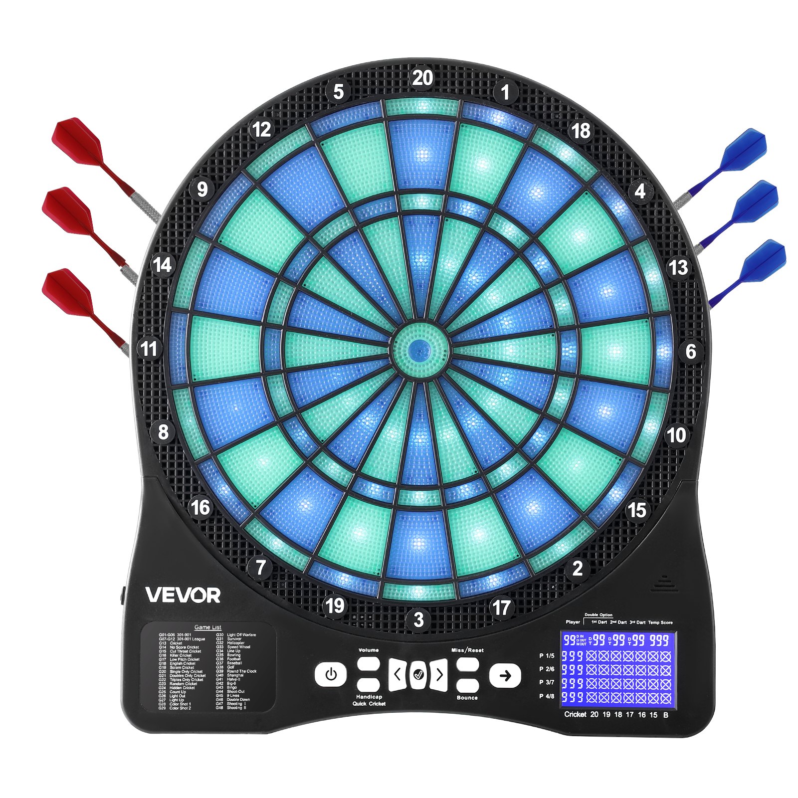 VEVOR Diana Electrónica 342,9 mm, con Iluminación LED, 48 Juegos, 500 Variantes, Incluye 6 Ejes de Dardos con Plumas y 50 Puntas de Repuesto, Pantalla LCD con Marcador de Críquet, a 8 Jugadores