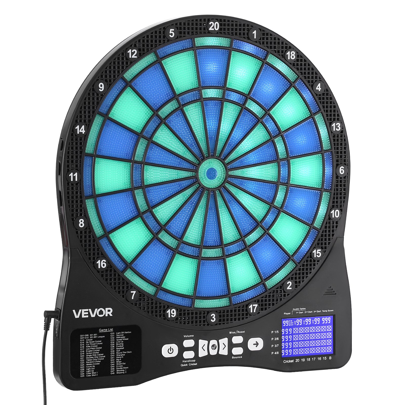VEVOR Diana Electrónica 342,9 mm, con Iluminación LED, 48 Juegos, 500 Variantes, Incluye 6 Ejes de Dardos con Plumas y 50 Puntas de Repuesto, Pantalla LCD con Marcador de Críquet, a 8 Jugadores