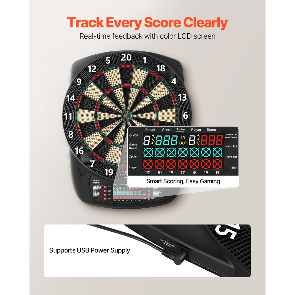 VEVOR Diana Electrónica, con 43 Juegos y más de 200 Variantes para 8 Jugadores, 6 Ejes de Dardos con Plumas y 50 Puntas de Dardos de Repuesto, Marcador LCD a Volor, PP y ABS, 517 x 424 x 30 mm