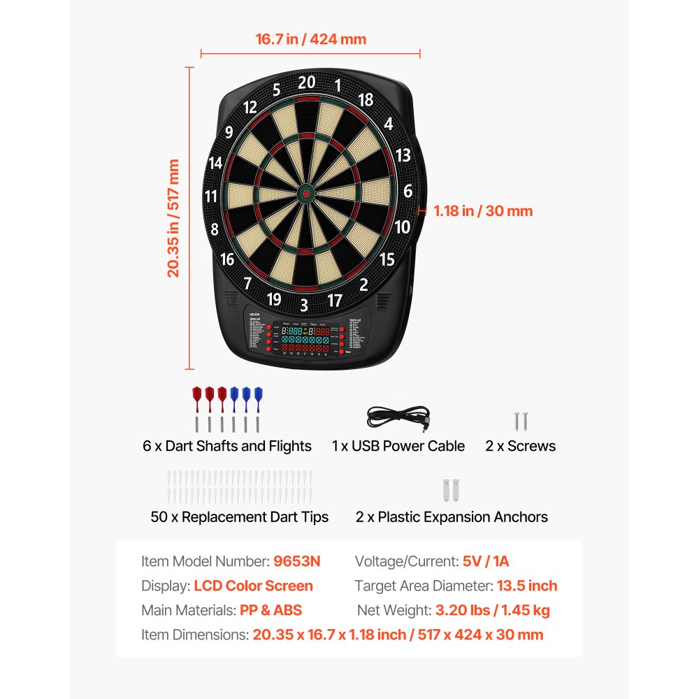 VEVOR Diana Electrónica, con 43 Juegos y más de 200 Variantes para 8 Jugadores, 6 Ejes de Dardos con Plumas y 50 Puntas de Dardos de Repuesto, Marcador LCD a Volor, PP y ABS, 517 x 424 x 30 mm