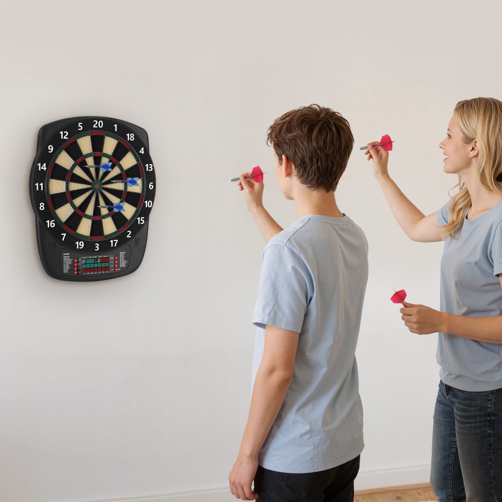VEVOR Diana Electrónica, con 43 Juegos y más de 200 Variantes para 8 Jugadores, 6 Ejes de Dardos con Plumas y 50 Puntas de Dardos de Repuesto, Marcador LCD a Volor, PP y ABS, 517 x 424 x 30 mm