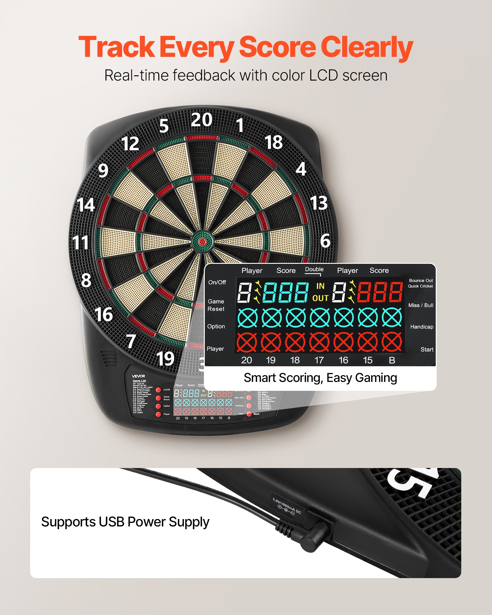 VEVOR Diana Electrónica, con 43 Juegos y más de 200 Variantes para 8 Jugadores, 6 Ejes de Dardos con Plumas y 50 Puntas de Dardos de Repuesto, Marcador LCD a Volor, PP y ABS, 517 x 424 x 30 mm