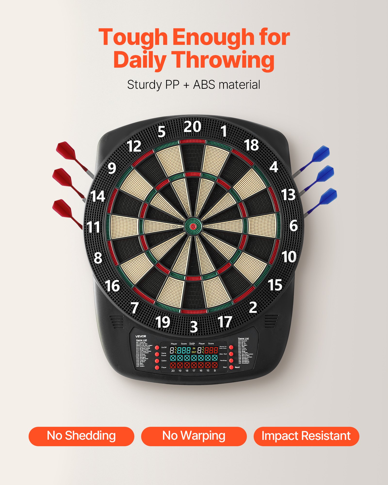 VEVOR Diana Electrónica, con 43 Juegos y más de 200 Variantes para 8 Jugadores, 6 Ejes de Dardos con Plumas y 50 Puntas de Dardos de Repuesto, Marcador LCD a Volor, PP y ABS, 517 x 424 x 30 mm