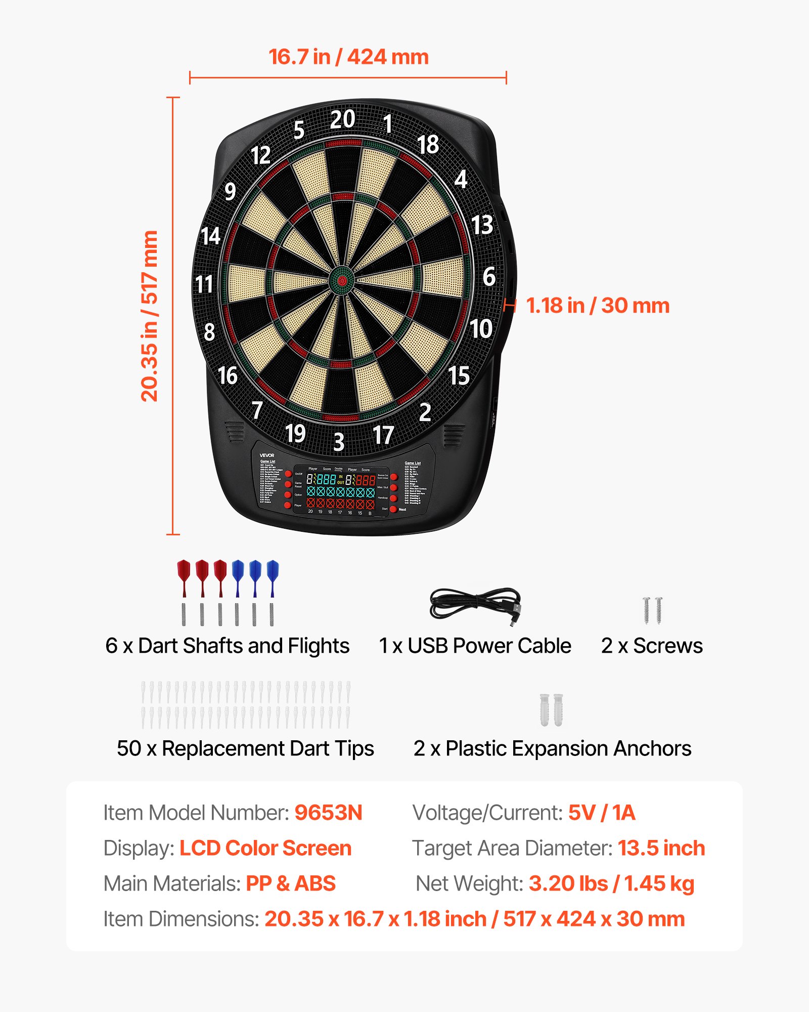 VEVOR Diana Electrónica, con 43 Juegos y más de 200 Variantes para 8 Jugadores, 6 Ejes de Dardos con Plumas y 50 Puntas de Dardos de Repuesto, Marcador LCD a Volor, PP y ABS, 517 x 424 x 30 mm