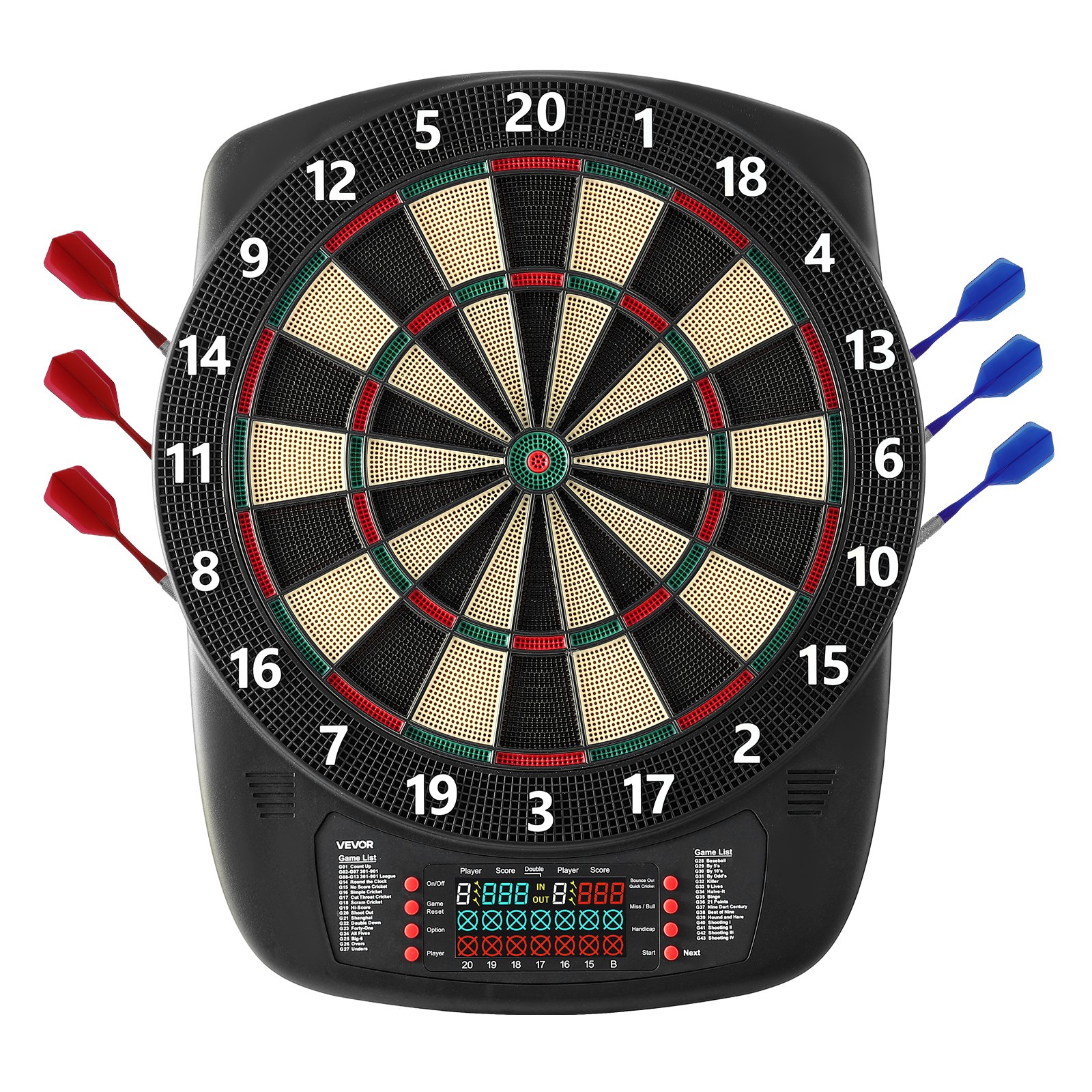 VEVOR Diana Electrónica, con 43 Juegos y más de 200 Variantes para 8 Jugadores, 6 Ejes de Dardos con Plumas y 50 Puntas de Dardos de Repuesto, Marcador LCD a Volor, PP y ABS, 517 x 424 x 30 mm