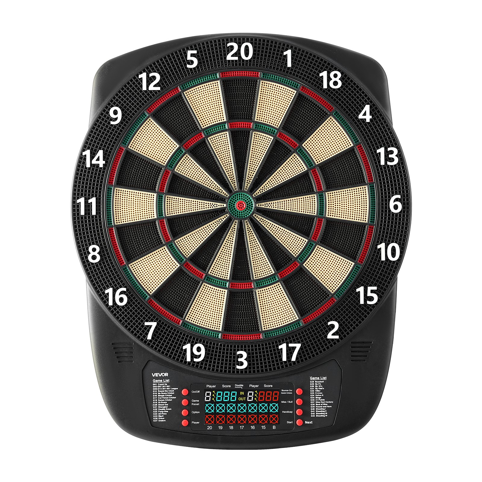 VEVOR Diana Electrónica, con 43 Juegos y más de 200 Variantes para 8 Jugadores, 6 Ejes de Dardos con Plumas y 50 Puntas de Dardos de Repuesto, Marcador LCD a Volor, PP y ABS, 517 x 424 x 30 mm