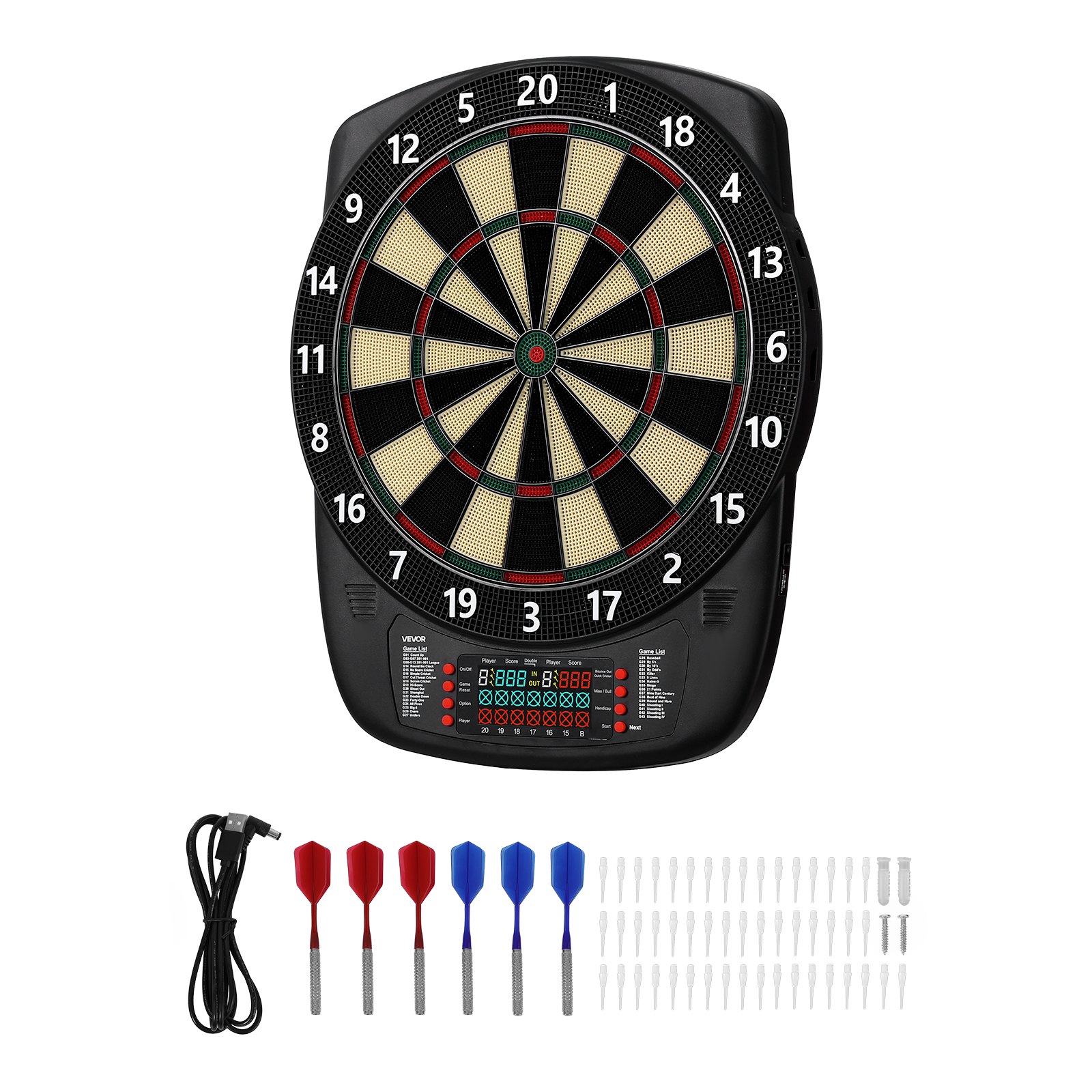 VEVOR Diana Electrónica, con 43 Juegos y más de 200 Variantes para 8 Jugadores, 6 Ejes de Dardos con Plumas y 50 Puntas de Dardos de Repuesto, Marcador LCD a Volor, PP y ABS, 517 x 424 x 30 mm