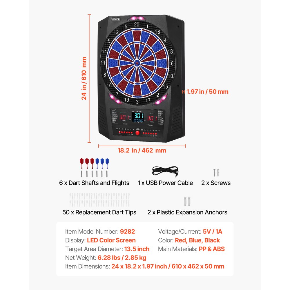 VEVOR Diana Electrónica 342,9 mm, con 45 Juegos y 474 Variantes para hasta 8 Jugadores, PP y ABS, 6 Ejes de Dardos con Plumas y 50 Puntas de Dardos de Repuesto, Pantalla LED de Color para Críquet