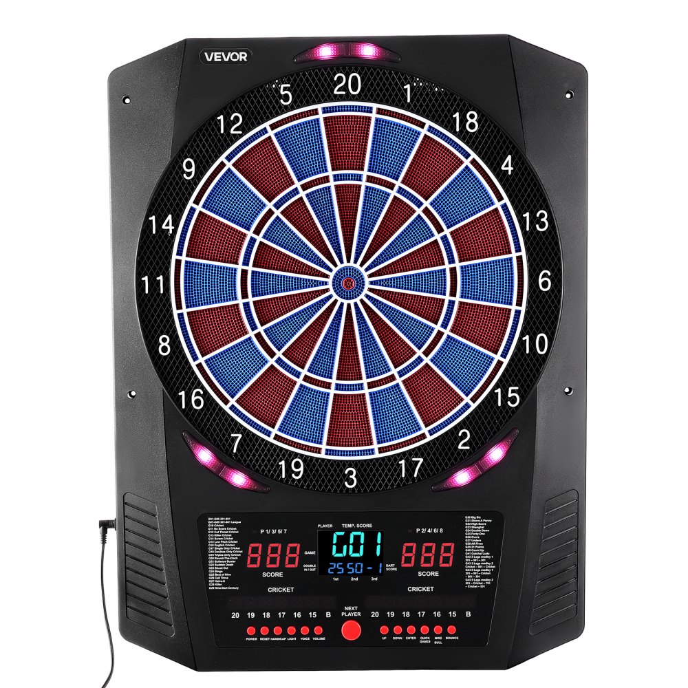 VEVOR Diana Electrónica 342,9 mm, con 45 Juegos y 474 Variantes para hasta 8 Jugadores, PP y ABS, 6 Ejes de Dardos con Plumas y 50 Puntas de Dardos de Repuesto, Pantalla LED de Color para Críquet