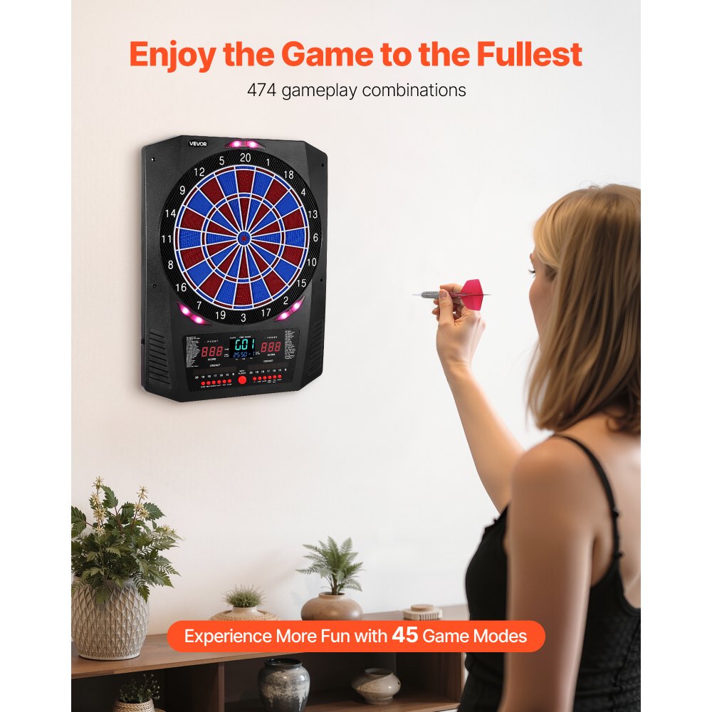 VEVOR Diana Electrónica 342,9 mm, con 45 Juegos y 474 Variantes para hasta 8 Jugadores, PP y ABS, 6 Ejes de Dardos con Plumas y 50 Puntas de Dardos de Repuesto, Pantalla LED de Color para Críquet