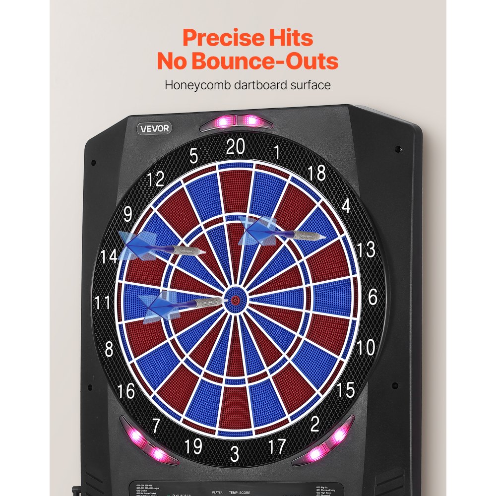 VEVOR Diana Electrónica 342,9 mm, con 45 Juegos y 474 Variantes para hasta 8 Jugadores, PP y ABS, 6 Ejes de Dardos con Plumas y 50 Puntas de Dardos de Repuesto, Pantalla LED de Color para Críquet