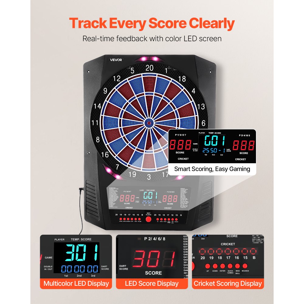 VEVOR Diana Electrónica 342,9 mm, con 45 Juegos y 474 Variantes para hasta 8 Jugadores, PP y ABS, 6 Ejes de Dardos con Plumas y 50 Puntas de Dardos de Repuesto, Pantalla LED de Color para Críquet