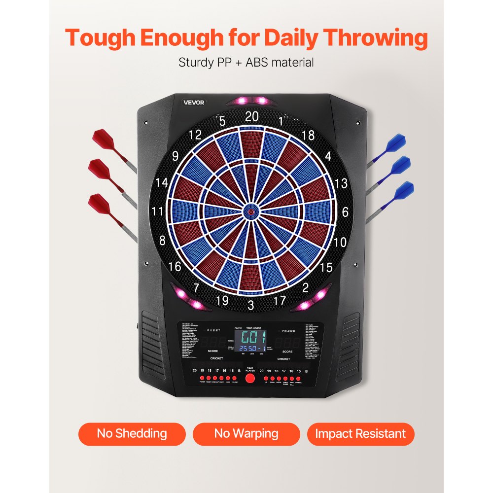 VEVOR Diana Electrónica 342,9 mm, con 45 Juegos y 474 Variantes para hasta 8 Jugadores, PP y ABS, 6 Ejes de Dardos con Plumas y 50 Puntas de Dardos de Repuesto, Pantalla LED de Color para Críquet