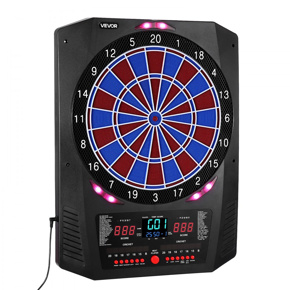 VEVOR Diana Electrónica 342,9 mm, con 45 Juegos y 474 Variantes para hasta 8 Jugadores, PP y ABS, 6 Ejes de Dardos con Plumas y 50 Puntas de Dardos de Repuesto, Pantalla LED de Color para Críquet