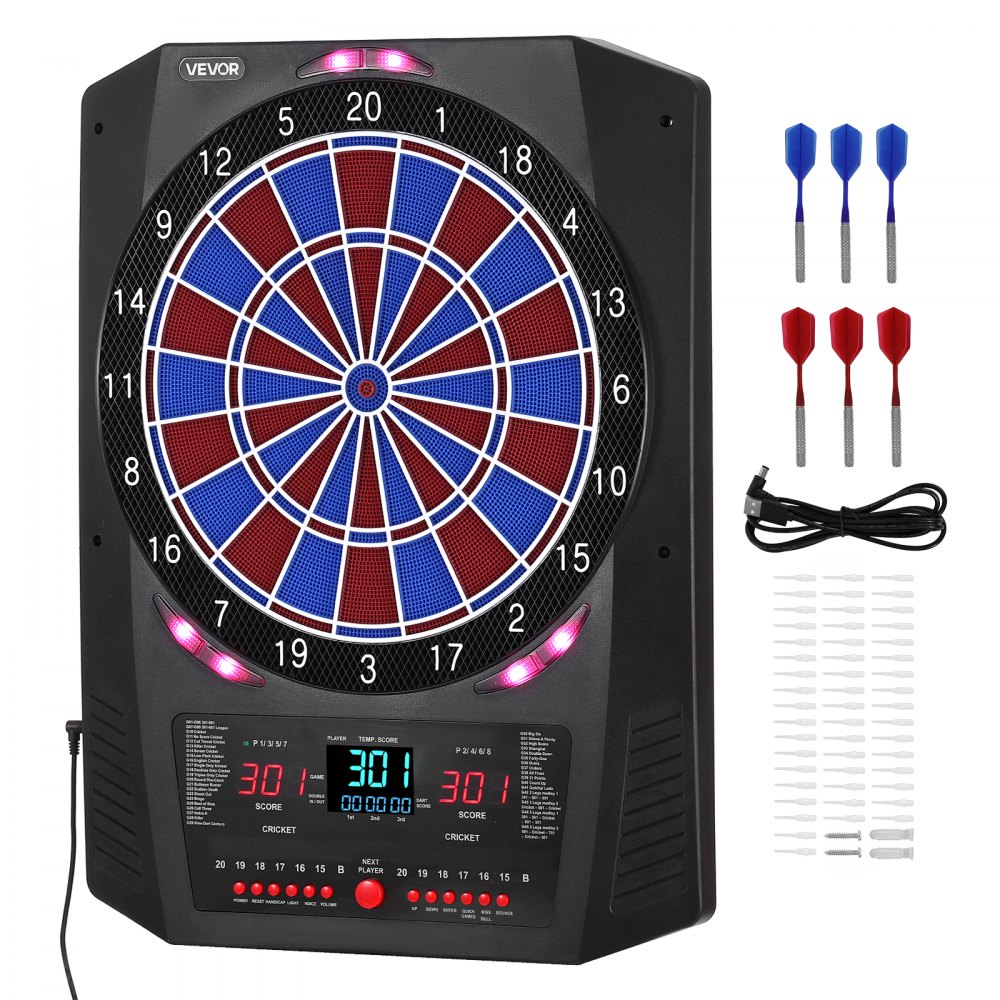 VEVOR Diana Electrónica 342,9 mm, con 45 Juegos y 474 Variantes para hasta 8 Jugadores, PP y ABS, 6 Ejes de Dardos con Plumas y 50 Puntas de Dardos de Repuesto, Pantalla LED de Color para Críquet