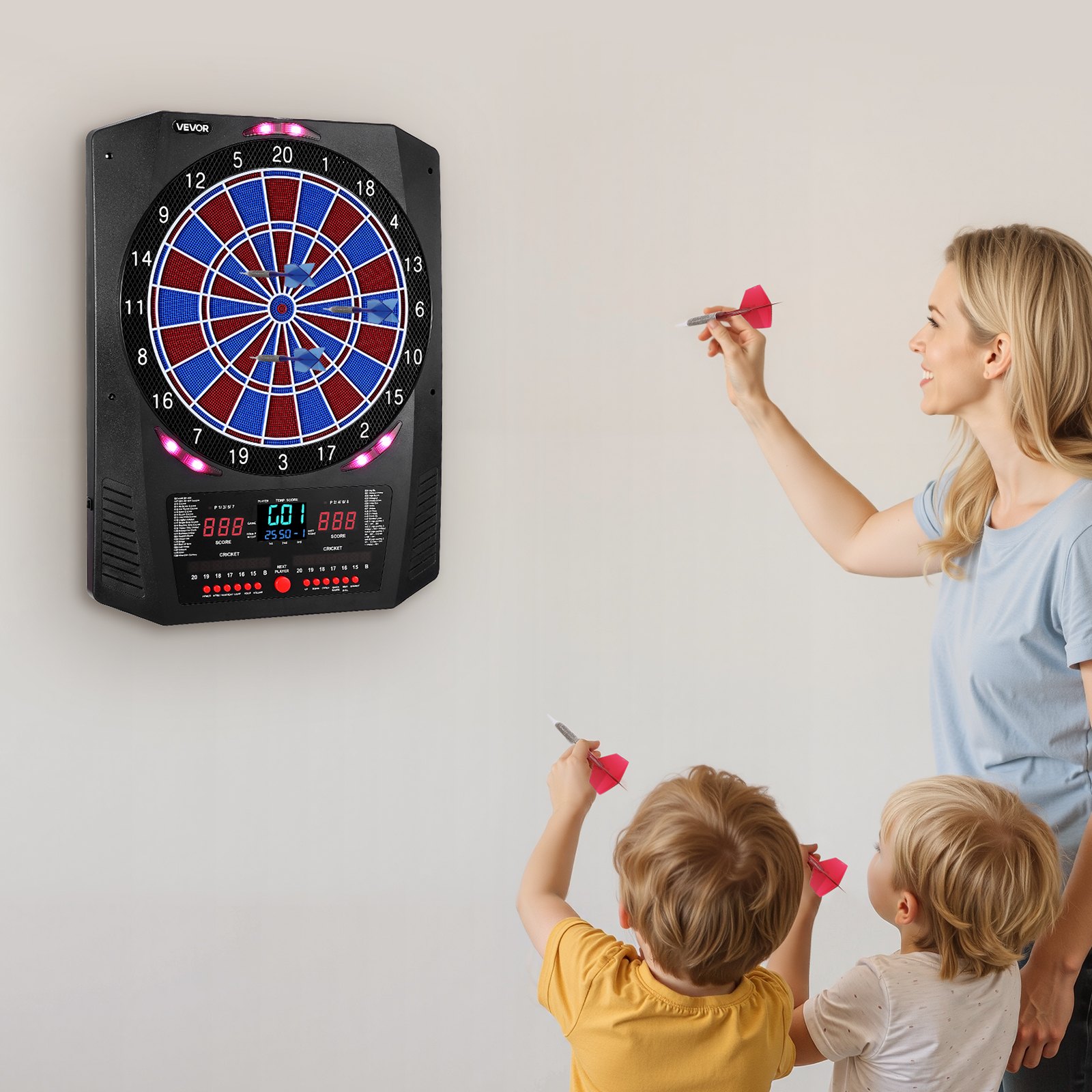VEVOR Diana Electrónica 342,9 mm, con 45 Juegos y 474 Variantes para hasta 8 Jugadores, PP y ABS, 6 Ejes de Dardos con Plumas y 50 Puntas de Dardos de Repuesto, Pantalla LED de Color para Críquet