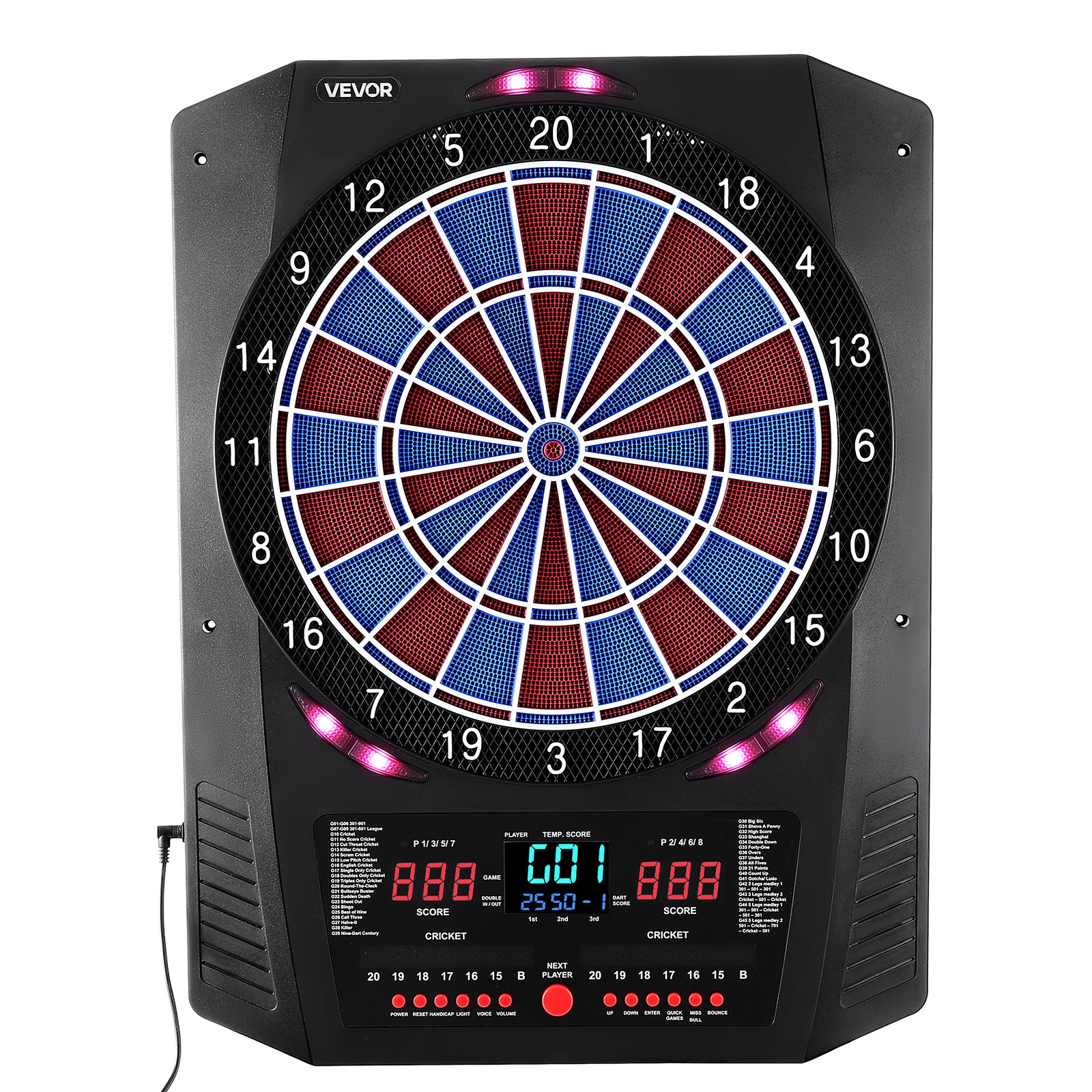 VEVOR Diana Electrónica 342,9 mm, con 45 Juegos y 474 Variantes para hasta 8 Jugadores, PP y ABS, 6 Ejes de Dardos con Plumas y 50 Puntas de Dardos de Repuesto, Pantalla LED de Color para Críquet