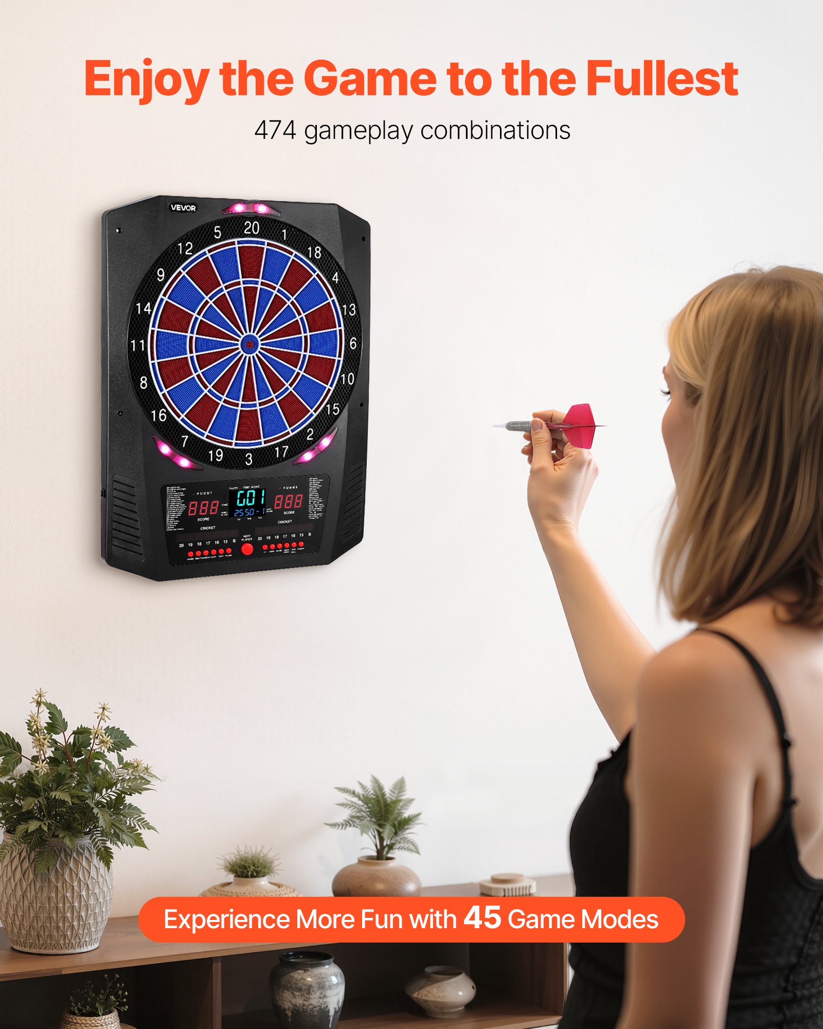 VEVOR Diana Electrónica 342,9 mm, con 45 Juegos y 474 Variantes para hasta 8 Jugadores, PP y ABS, 6 Ejes de Dardos con Plumas y 50 Puntas de Dardos de Repuesto, Pantalla LED de Color para Críquet