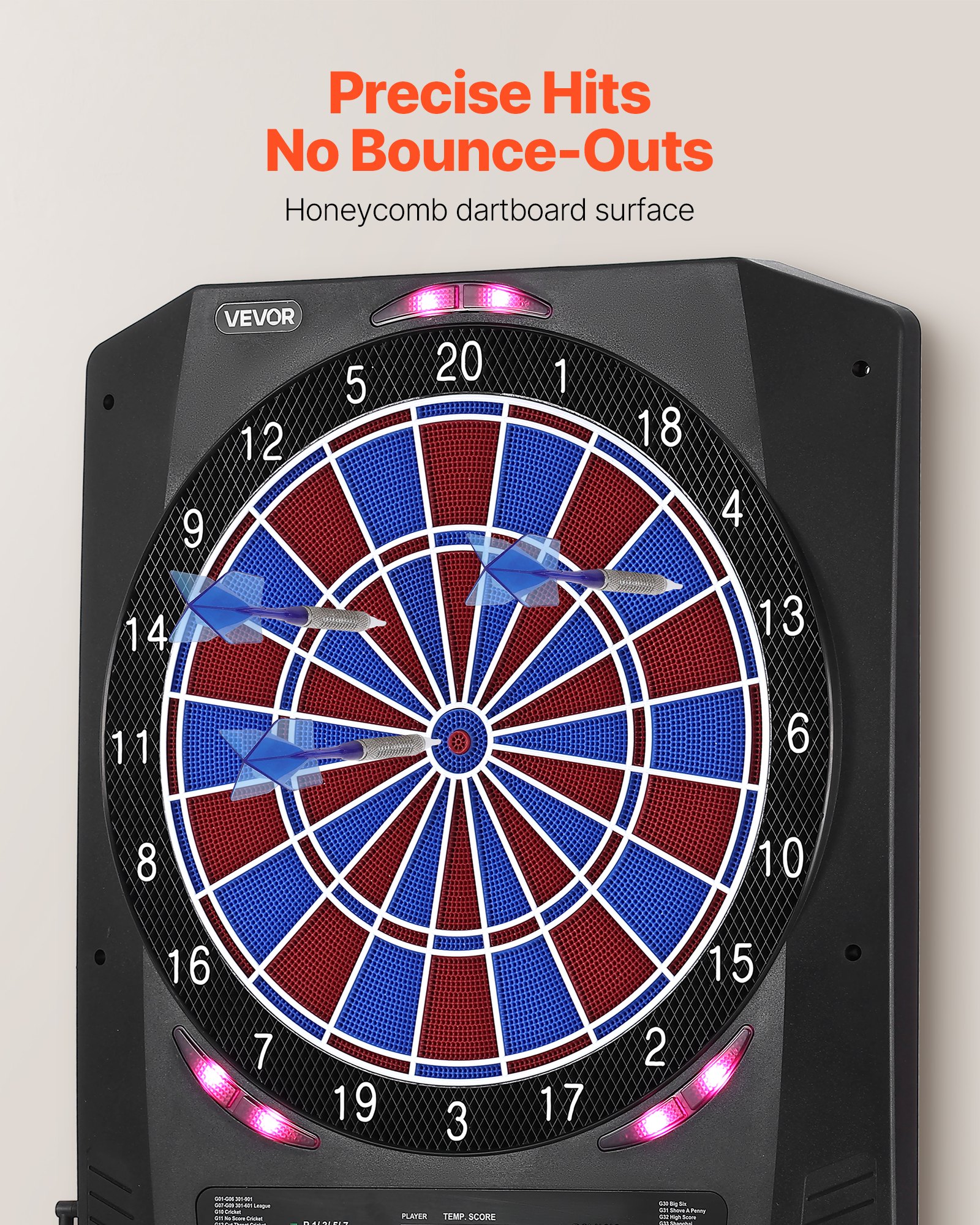 VEVOR Diana Electrónica 342,9 mm, con 45 Juegos y 474 Variantes para hasta 8 Jugadores, PP y ABS, 6 Ejes de Dardos con Plumas y 50 Puntas de Dardos de Repuesto, Pantalla LED de Color para Críquet