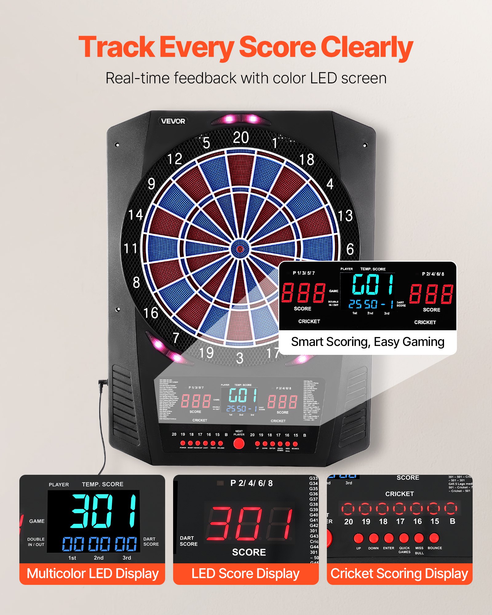 VEVOR Diana Electrónica 342,9 mm, con 45 Juegos y 474 Variantes para hasta 8 Jugadores, PP y ABS, 6 Ejes de Dardos con Plumas y 50 Puntas de Dardos de Repuesto, Pantalla LED de Color para Críquet