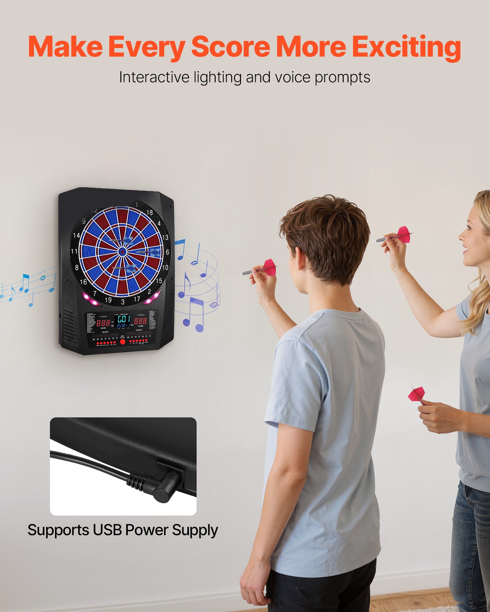 VEVOR Diana Electrónica 342,9 mm, con 45 Juegos y 474 Variantes para hasta 8 Jugadores, PP y ABS, 6 Ejes de Dardos con Plumas y 50 Puntas de Dardos de Repuesto, Pantalla LED de Color para Críquet