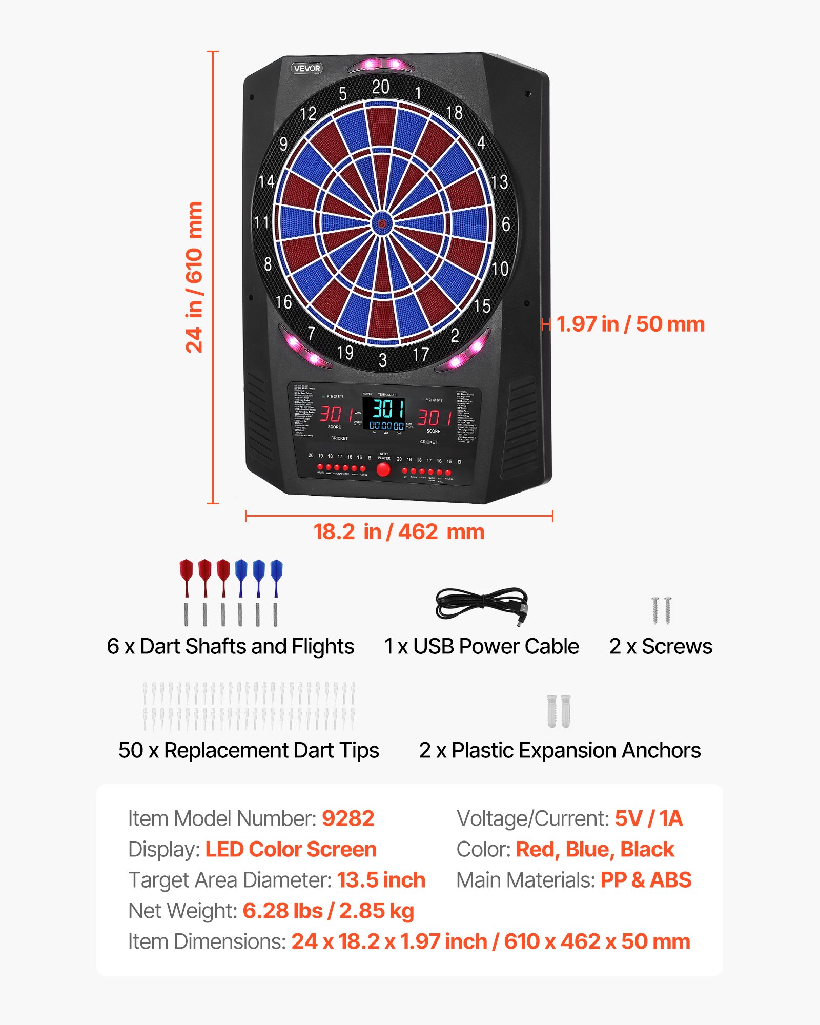 VEVOR Diana Electrónica 342,9 mm, con 45 Juegos y 474 Variantes para hasta 8 Jugadores, PP y ABS, 6 Ejes de Dardos con Plumas y 50 Puntas de Dardos de Repuesto, Pantalla LED de Color para Críquet