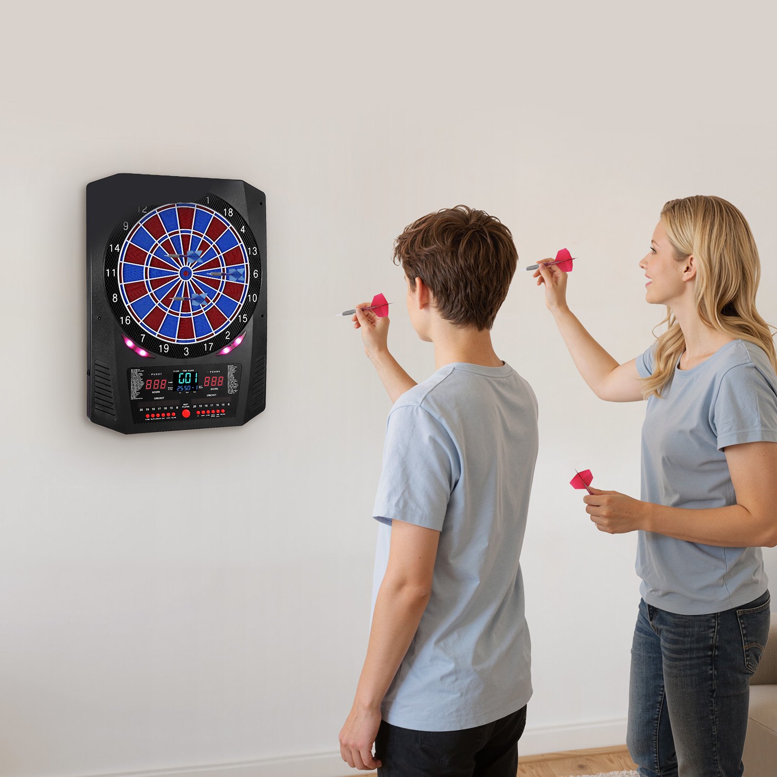 VEVOR Diana Electrónica 342,9 mm, con 45 Juegos y 474 Variantes para hasta 8 Jugadores, PP y ABS, 6 Ejes de Dardos con Plumas y 50 Puntas de Dardos de Repuesto, Pantalla LED de Color para Críquet