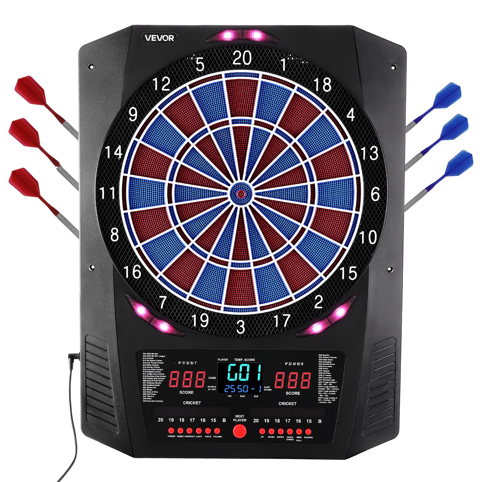 VEVOR Diana Electrónica 342,9 mm, con 45 Juegos y 474 Variantes para hasta 8 Jugadores, PP y ABS, 6 Ejes de Dardos con Plumas y 50 Puntas de Dardos de Repuesto, Pantalla LED de Color para Críquet