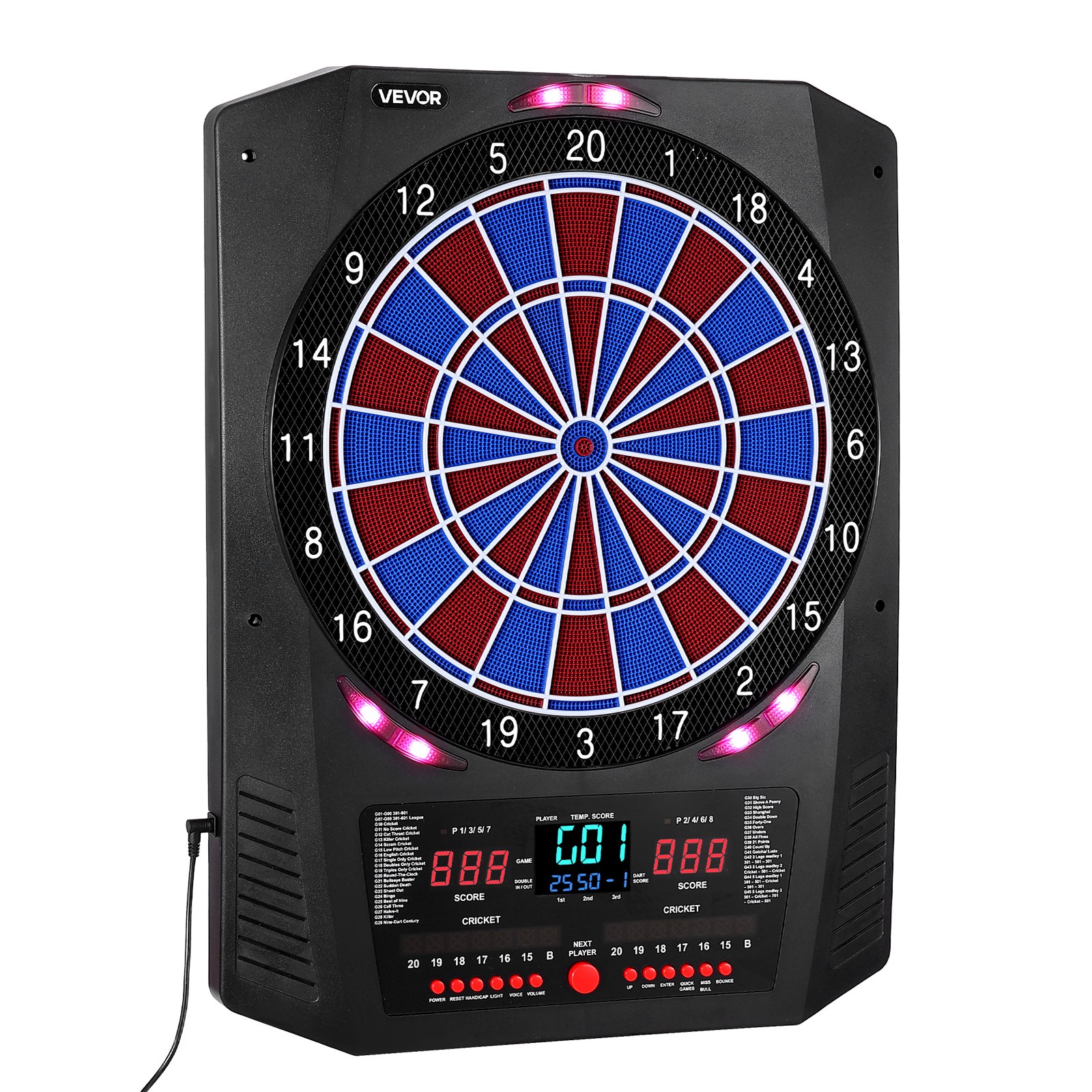 VEVOR Diana Electrónica 342,9 mm, con 45 Juegos y 474 Variantes para hasta 8 Jugadores, PP y ABS, 6 Ejes de Dardos con Plumas y 50 Puntas de Dardos de Repuesto, Pantalla LED de Color para Críquet