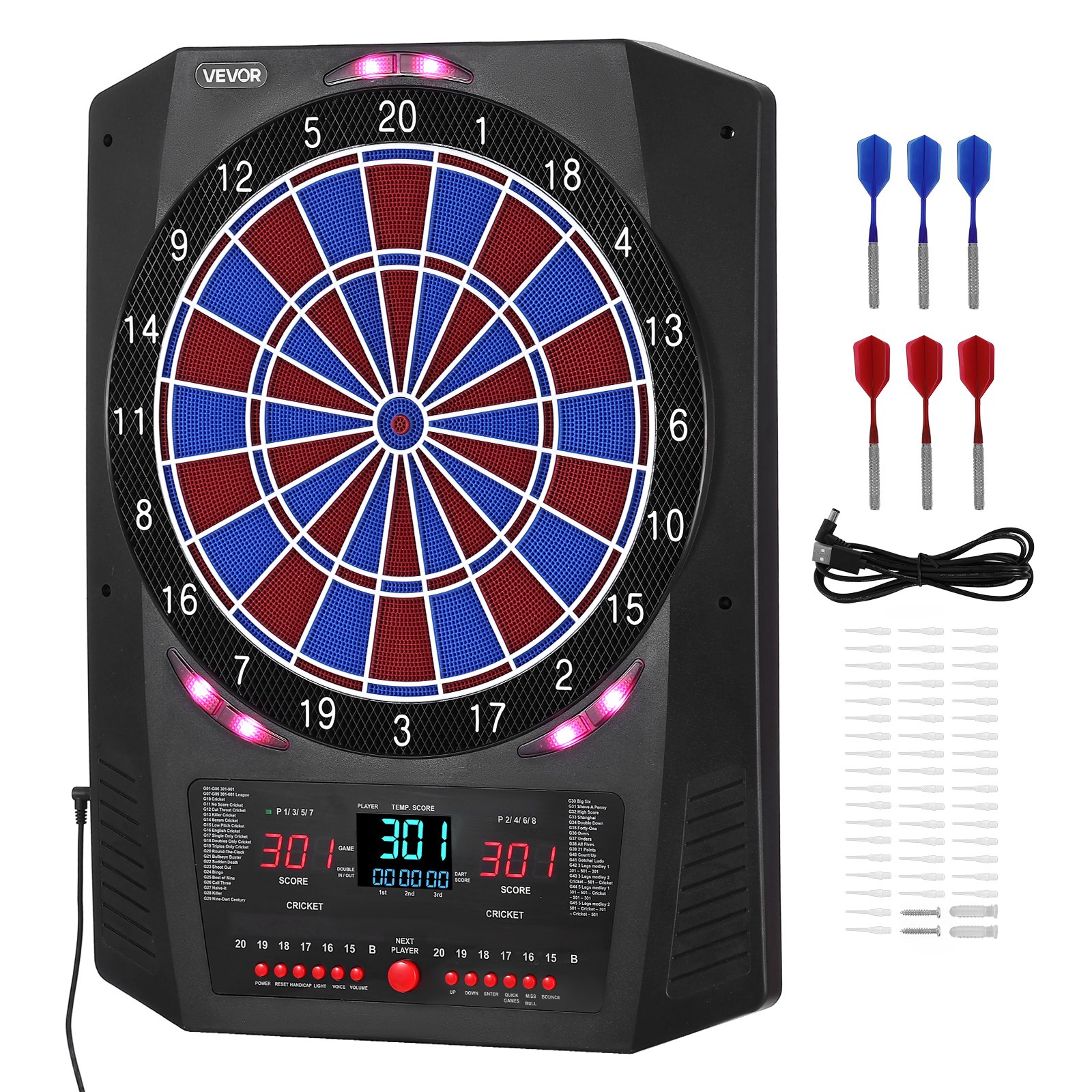 VEVOR Diana Electrónica 342,9 mm, con 45 Juegos y 474 Variantes para hasta 8 Jugadores, PP y ABS, 6 Ejes de Dardos con Plumas y 50 Puntas de Dardos de Repuesto, Pantalla LED de Color para Críquet