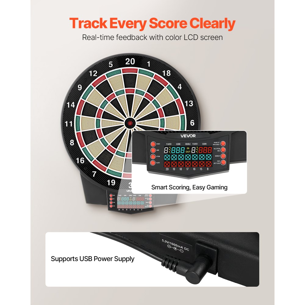 VEVOR Diana Electrónica 393 mm, con 43 Juegos y más de 320 Variaciones para hasta 8 Jugadores, 6 Dardos con Plumas y 50 Puntas de Repuesto, Marcador LCD a Color, para Divertirse en Casa y Fiestas
