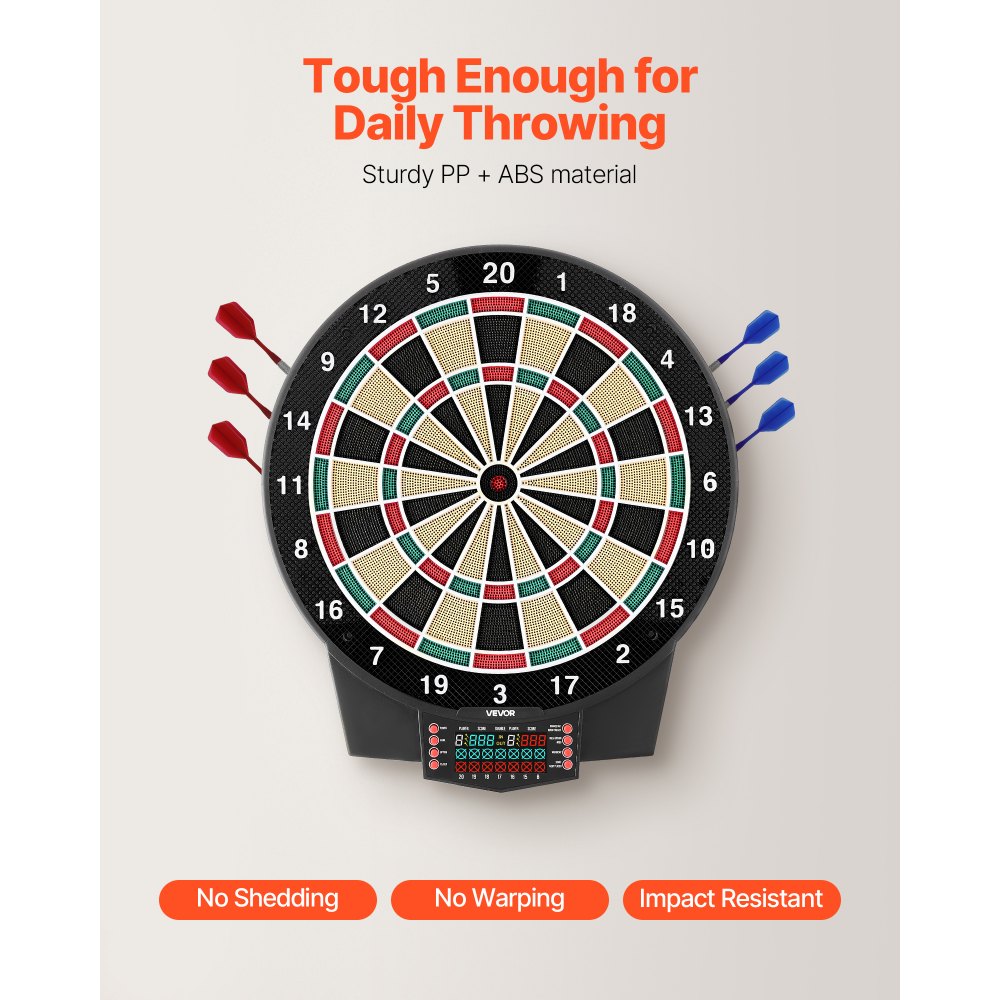 VEVOR Diana Electrónica 393 mm, con 43 Juegos y más de 320 Variaciones para hasta 8 Jugadores, 6 Dardos con Plumas y 50 Puntas de Repuesto, Marcador LCD a Color, para Divertirse en Casa y Fiestas