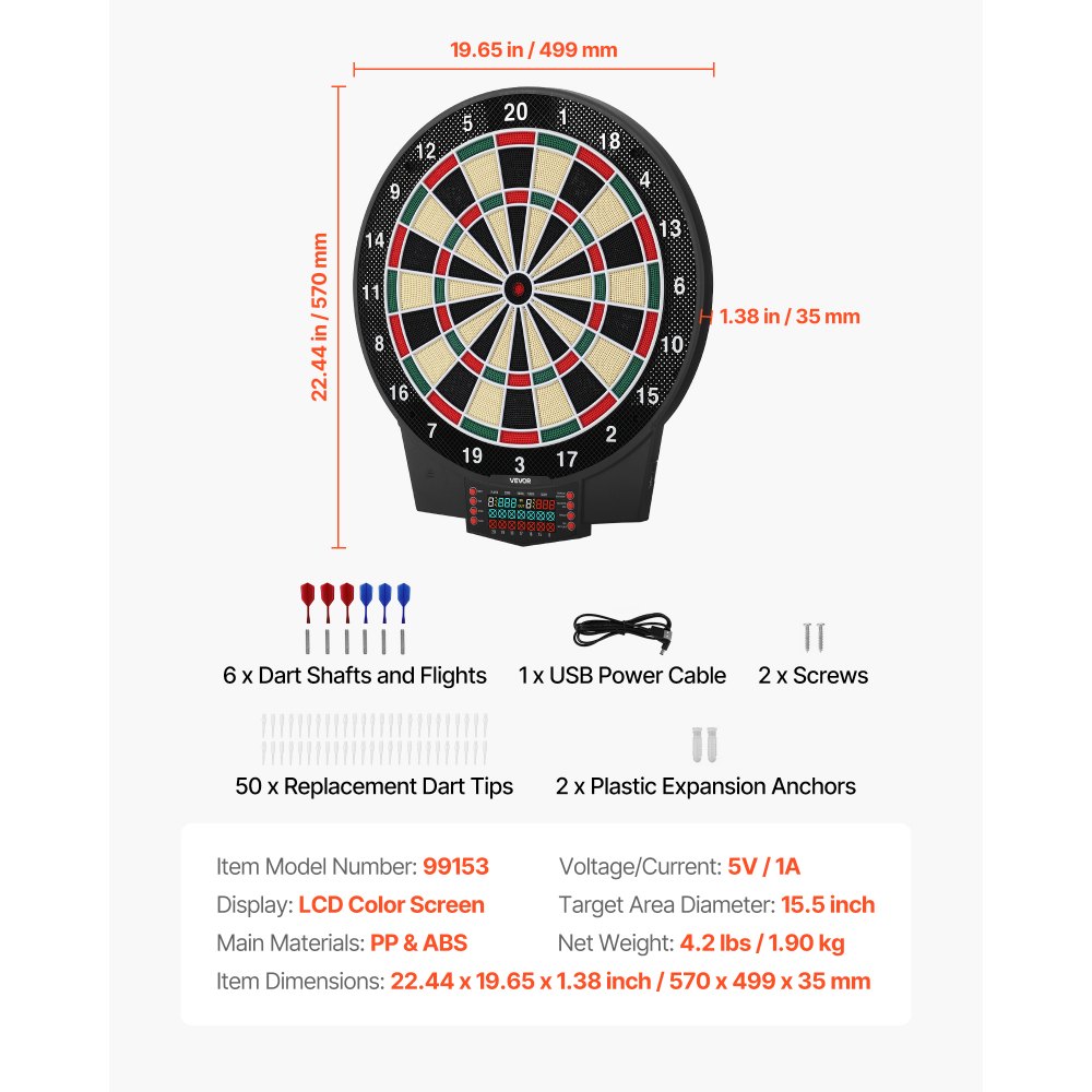 VEVOR Diana Electrónica 393 mm, con 43 Juegos y más de 320 Variaciones para hasta 8 Jugadores, 6 Dardos con Plumas y 50 Puntas de Repuesto, Marcador LCD a Color, para Divertirse en Casa y Fiestas
