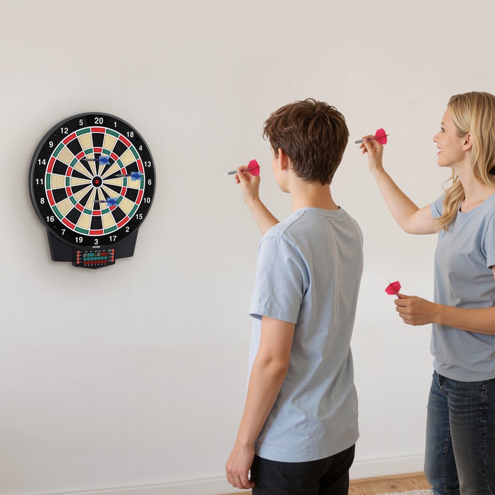 VEVOR Diana Electrónica 393 mm, con 43 Juegos y más de 320 Variaciones para hasta 8 Jugadores, 6 Dardos con Plumas y 50 Puntas de Repuesto, Marcador LCD a Color, para Divertirse en Casa y Fiestas