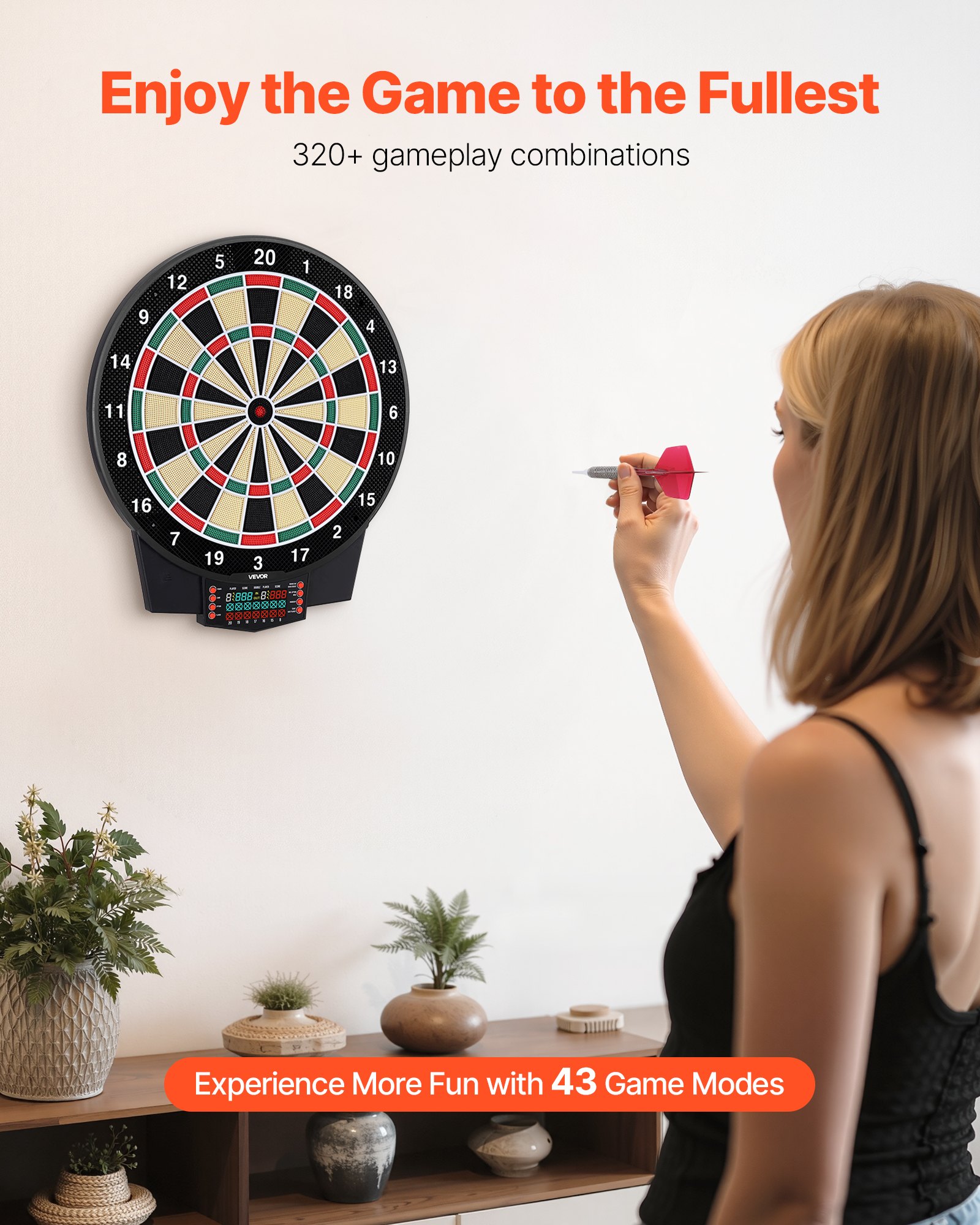 VEVOR Diana Electrónica 393 mm, con 43 Juegos y más de 320 Variaciones para hasta 8 Jugadores, 6 Dardos con Plumas y 50 Puntas de Repuesto, Marcador LCD a Color, para Divertirse en Casa y Fiestas