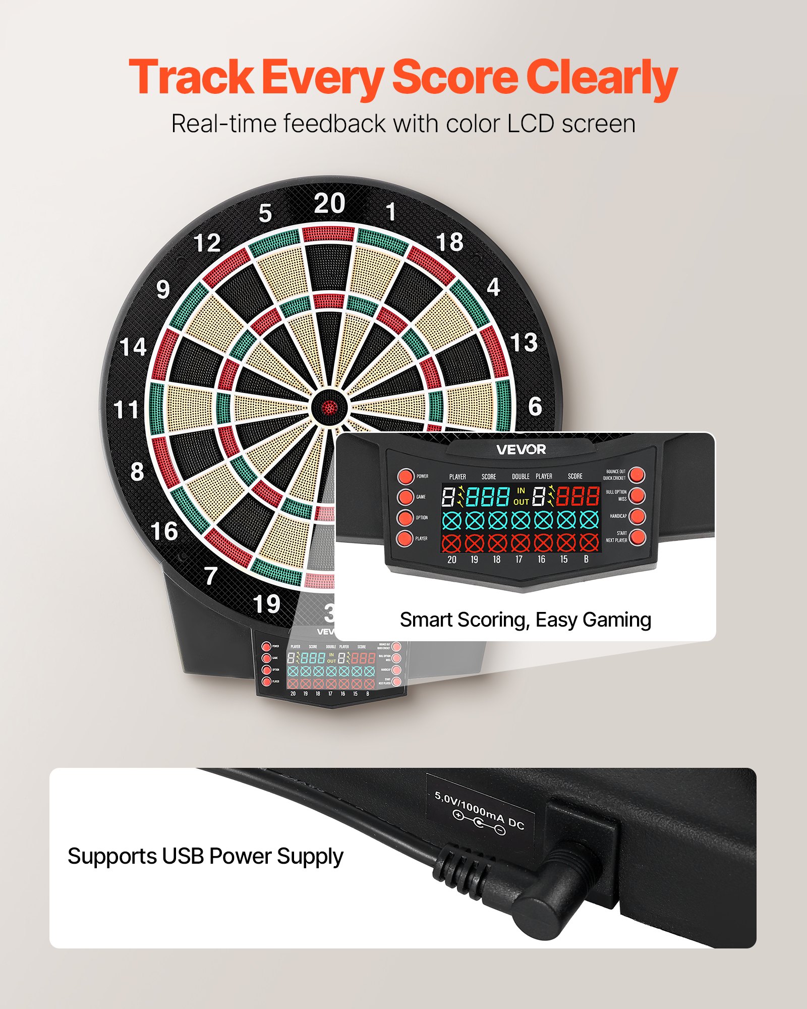VEVOR Diana Electrónica 393 mm, con 43 Juegos y más de 320 Variaciones para hasta 8 Jugadores, 6 Dardos con Plumas y 50 Puntas de Repuesto, Marcador LCD a Color, para Divertirse en Casa y Fiestas