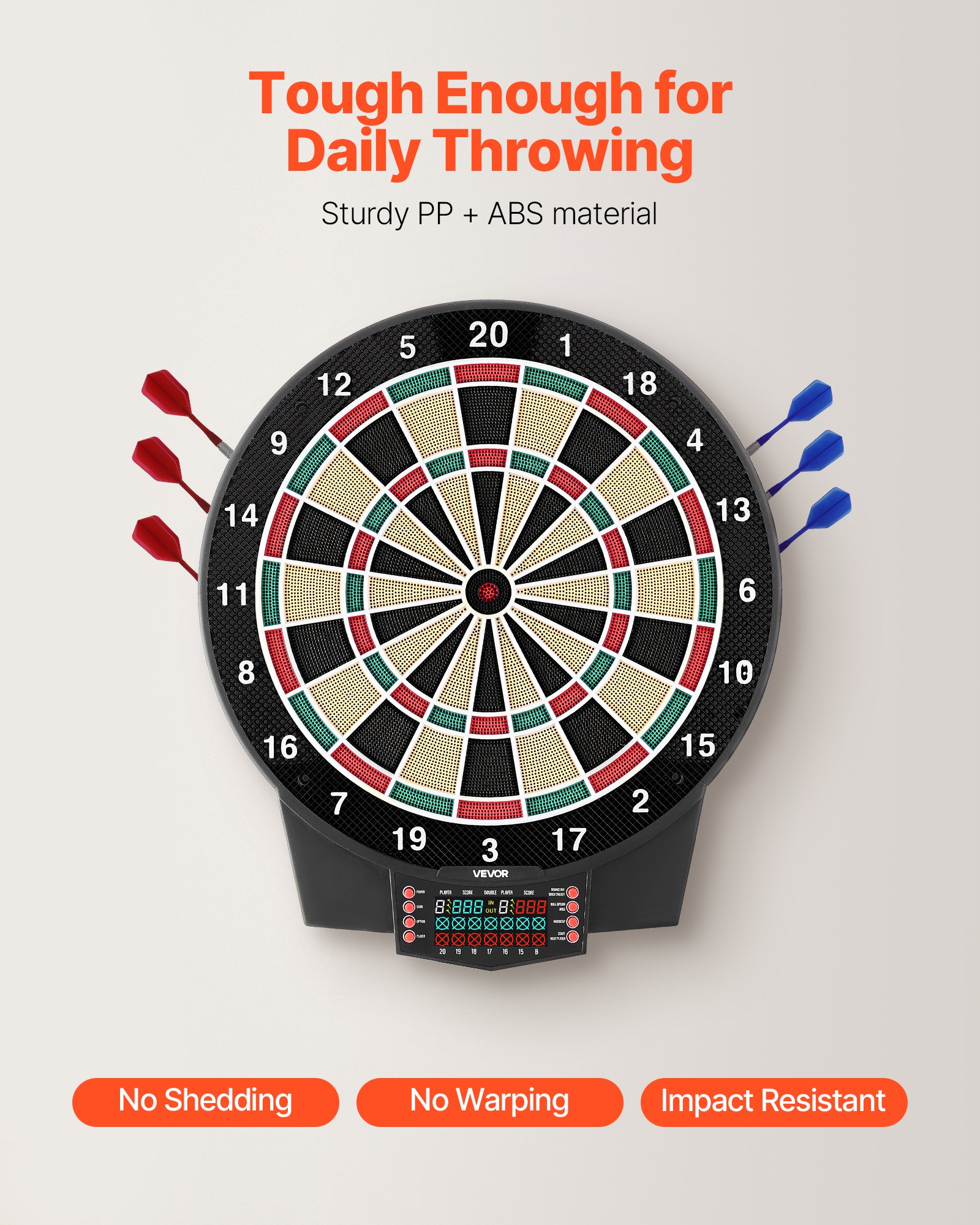 VEVOR Diana Electrónica 393 mm, con 43 Juegos y más de 320 Variaciones para hasta 8 Jugadores, 6 Dardos con Plumas y 50 Puntas de Repuesto, Marcador LCD a Color, para Divertirse en Casa y Fiestas