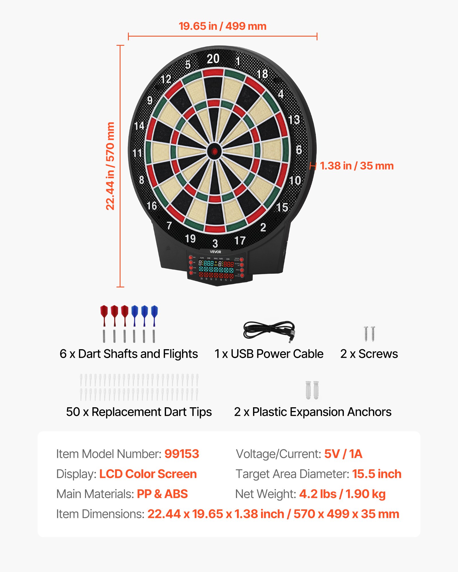 VEVOR Diana Electrónica 393 mm, con 43 Juegos y más de 320 Variaciones para hasta 8 Jugadores, 6 Dardos con Plumas y 50 Puntas de Repuesto, Marcador LCD a Color, para Divertirse en Casa y Fiestas