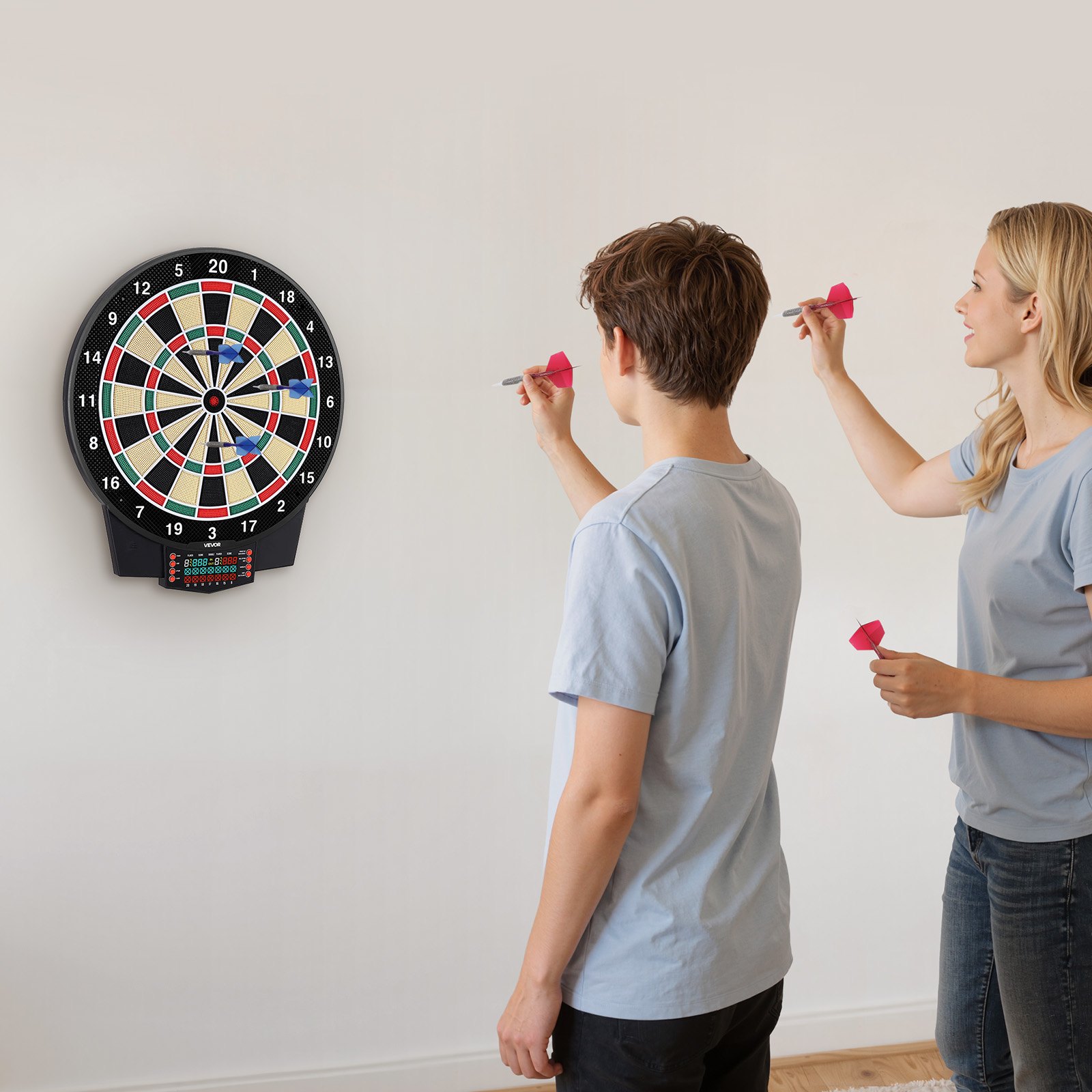 VEVOR Diana Electrónica 393 mm, con 43 Juegos y más de 320 Variaciones para hasta 8 Jugadores, 6 Dardos con Plumas y 50 Puntas de Repuesto, Marcador LCD a Color, para Divertirse en Casa y Fiestas
