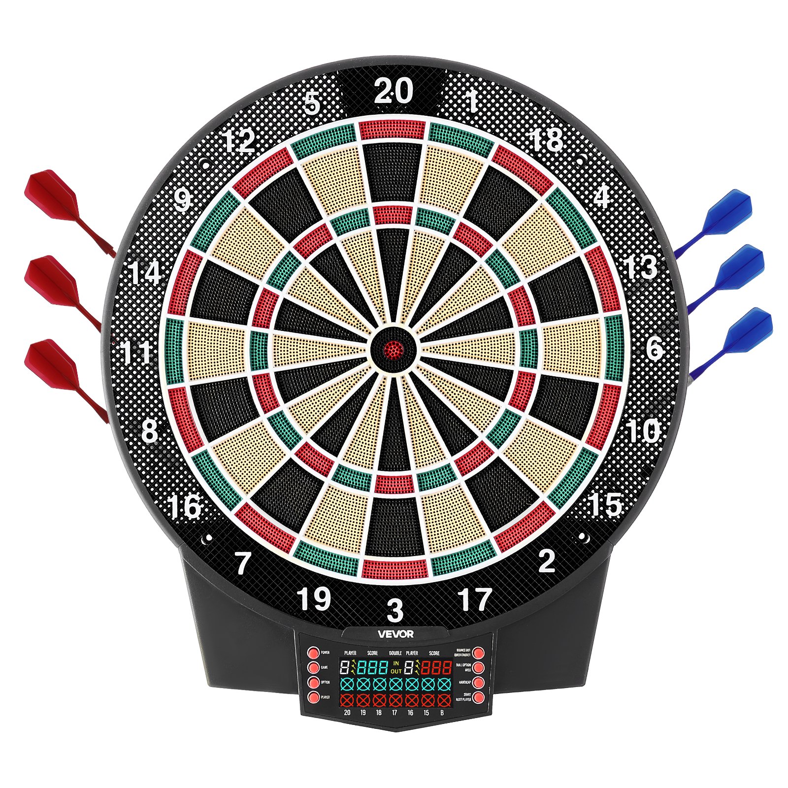 VEVOR Diana Electrónica 393 mm, con 43 Juegos y más de 320 Variaciones para hasta 8 Jugadores, 6 Dardos con Plumas y 50 Puntas de Repuesto, Marcador LCD a Color, para Divertirse en Casa y Fiestas