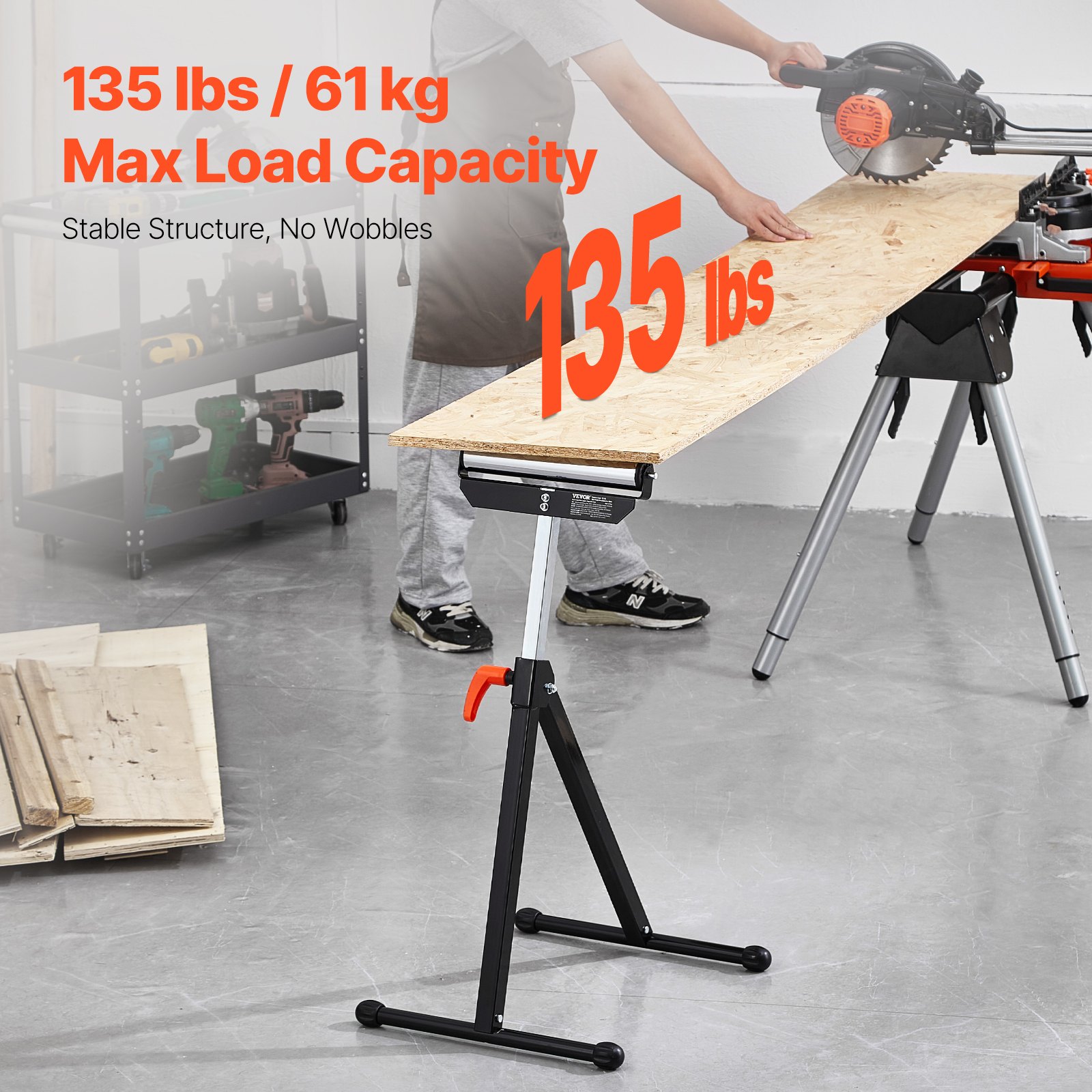 VEVOR 2 PCS Soporte con Rodillos Carga de 61kg, Altura Ajustable 680-1079,5mm con Cabezal de Rodillo de Acero Pulido de 292,1mm para Soporte de Extensión para Carpintería con Salida de Sierra de Mesa