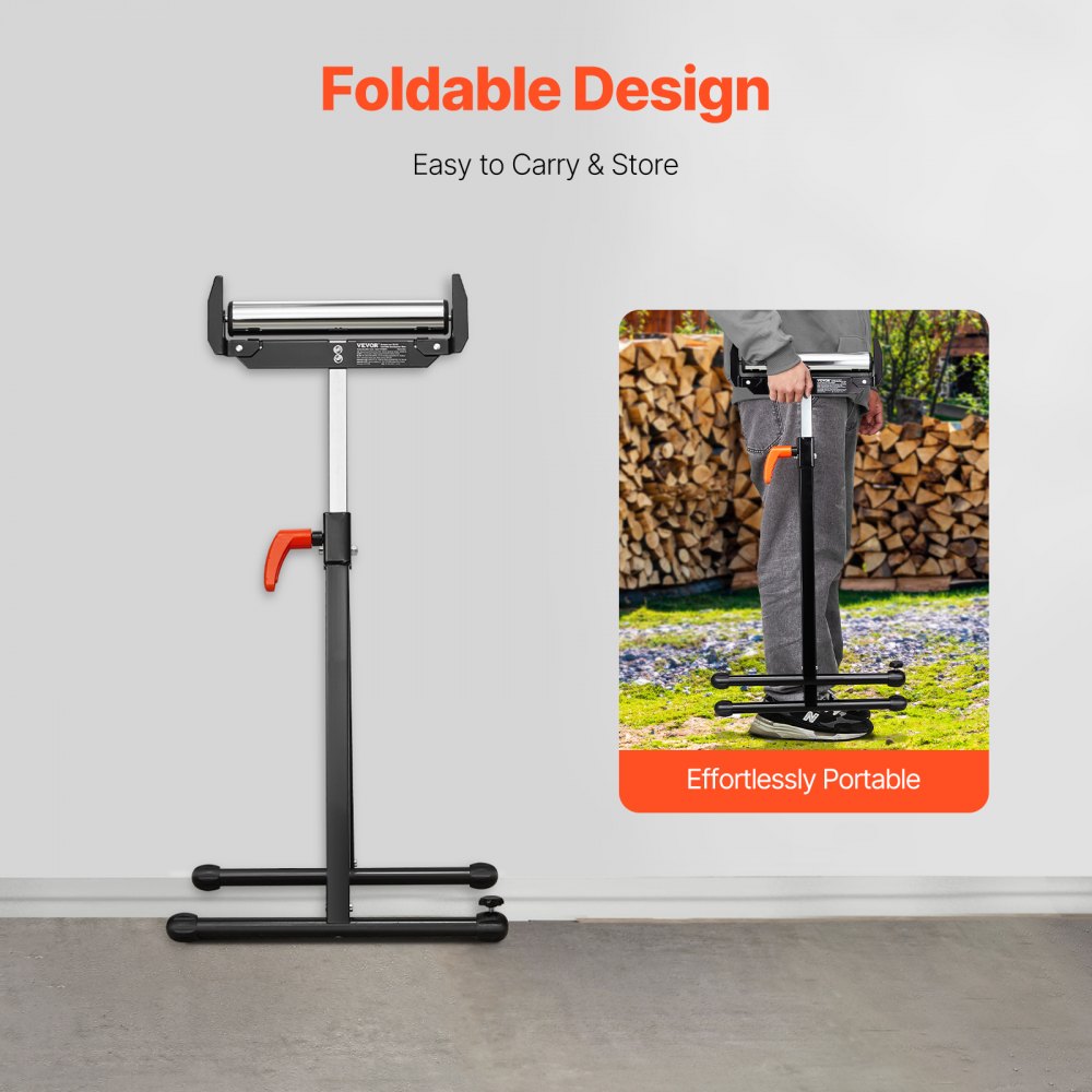 VEVOR 2-piece set of roller stands, 113kg load capacity, height adjustable 68-109cm, foldable work stand with roller head and polished steel edge guides, for table saw outrun, extension support