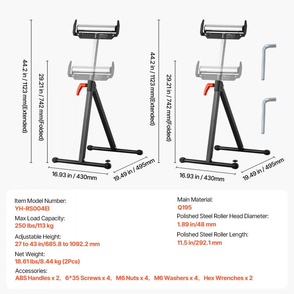 VEVOR 2 PCS Soporte con Rodillos, Carga de 113 kg Altura Ajustable 685,8-1092,2 mm con Cabezal de Rodillo de Acero Pulido, para Soporte de Extensión para Carpintería con Salida de Sierra de Mesa