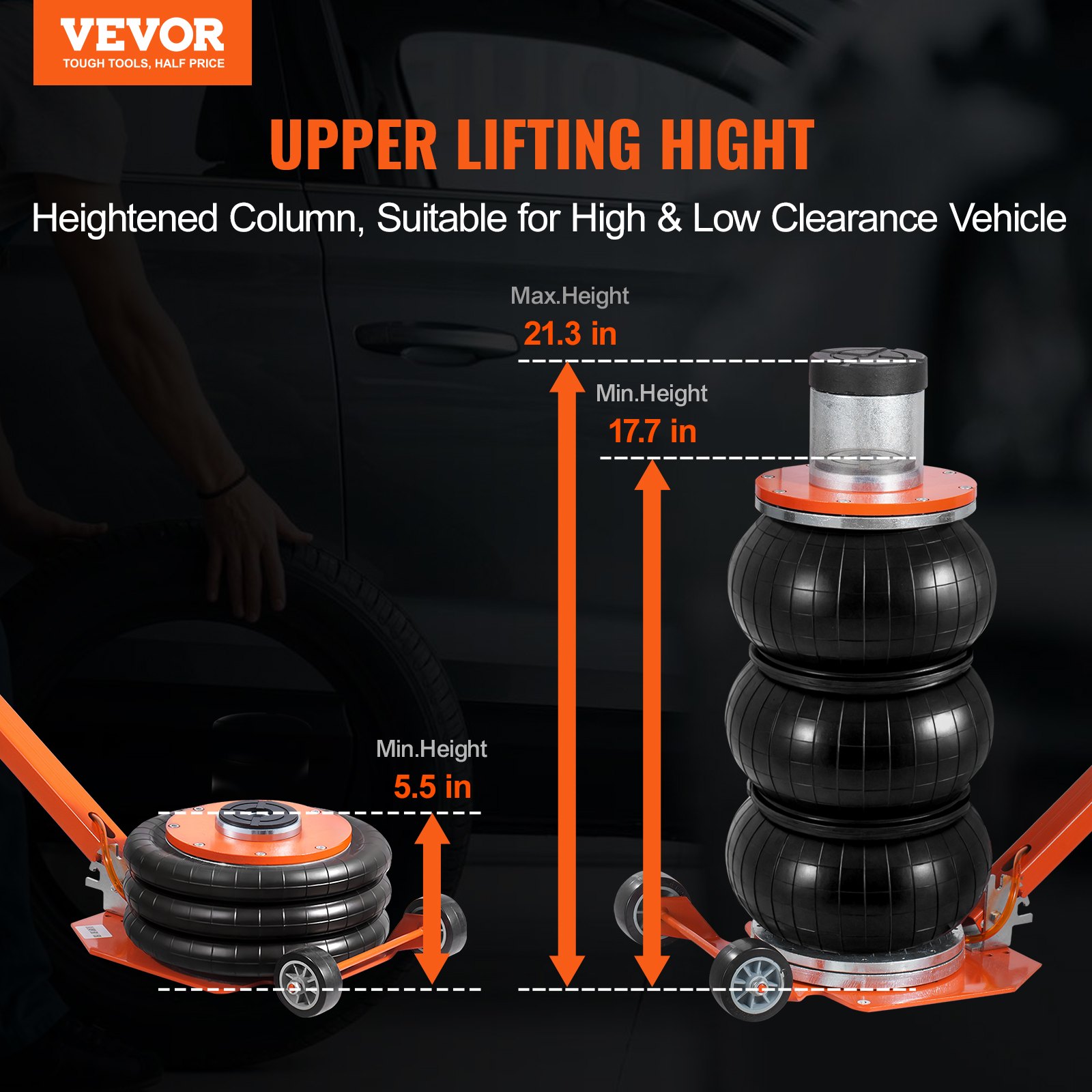 VEVOR Pneumatic Car Jack, 3-ton Air Jack with Raised Column and Adjustable Handle, Easy-to-Lift and Space-Saving Jack with Thick Rubber Pad, for Sedan, SUV, Pickup